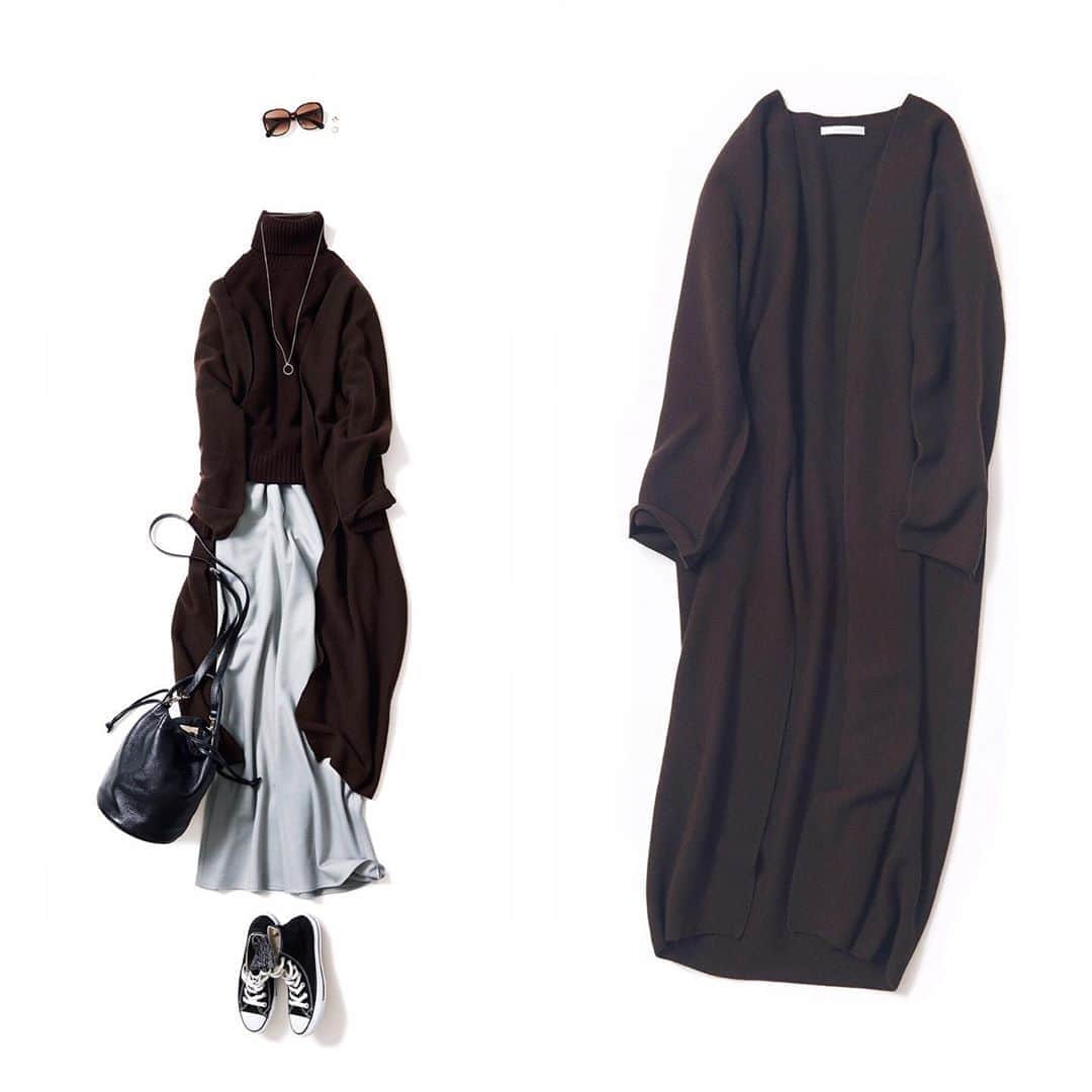 のインスタグラム：「・ K.Kshop ♦️Recommended♦️ ・ ♦︎musaegムサグ／ロングカーディガン(DK.BROWN) ・ ゆったりシルエットのロングニットカーディガン。 ポケットもボタンも付いていない、そして、縫い目もないシンプルなデザインです。 ロング丈ですが軽く、暖かい着心地です。腕まわりにもゆとりがあるので、インナーに重ね着もでき、秋口から春先まで活躍するアイテムです。 ・ #kkcloset #kkshop #菊池京子 #kyokokikuchi #コーディネート #coordinate #code #ootd #outfit #style #happy #follow #秋 #relax #cardigan #ロングカーディガン #brown #ブラウン」
