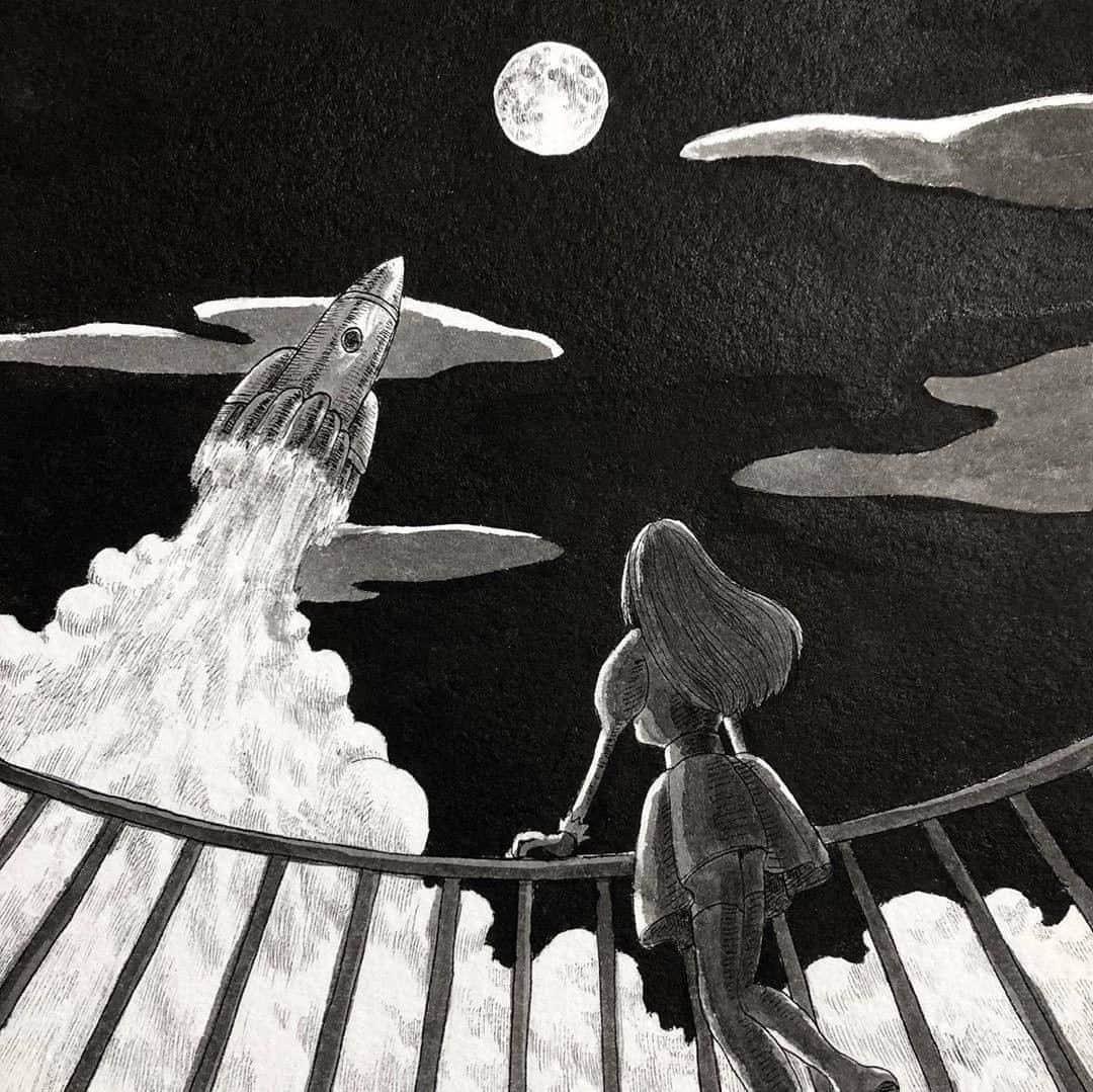 のインスタグラム：「月光によって照らされるロケットと人、雲の影のコントラストが美しい作品です。アオリ視点の作品が、月へ行くことへの憧れが表されているようで素敵です！ 呉竹のSUMI Inkを使って描いて頂きました。  The picture express beautiful Moon light and shadow.  Art by: @ibsukionsen  Made with: ZIG CARTOONIST SUMI INK  #kuretake_inktober #kuretake #kuretakezig #inktober #inktober2020 #呉竹 #インクトーバー #インクトーバー2020 #kuretakeinktober #blackandwhite #blackandwhiteart #inkdrawing #inkart #inktober2020rocket #inktoberday16」