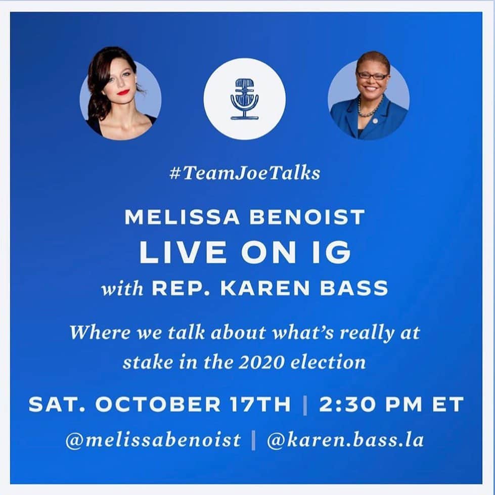 メリッサ・ベノイストのインスタグラム：「Can’t wait to talk with @karen.bass.la about what’s really at stake this election. Join us at today at 11:30 am PST/2:30 pm EST #TeamJoeTalks @joebiden」