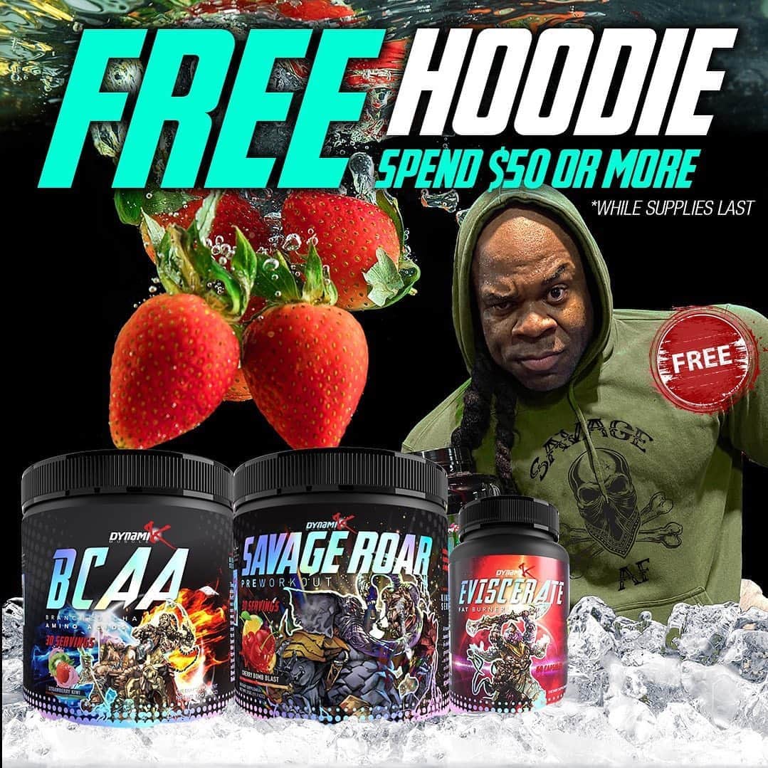 のインスタグラム：「🚨FREE SAVAGE AF HOODIE Get Our Savage AF Hoodie FREE With Any Order Of $50 Or More On —> Available Only On Dynamikmuscle.com  2 NEW SAVAGE ROAR - (10/10 Taste) 🍒Cherry Bomb Blast 🍓Fierce Fruit Punch  2 NEW BCAA’s - (2:1:1 Formula) 🥝Strawberry Kiwi 🍋Blueberry Lemonade  NEW EVISCERATE FORMULA 💪Incredible Strong ❌Crushes Cravings ⛔️Extreme Diet Aid ☝️1 Pill Day 🚨Proceed With Caution」