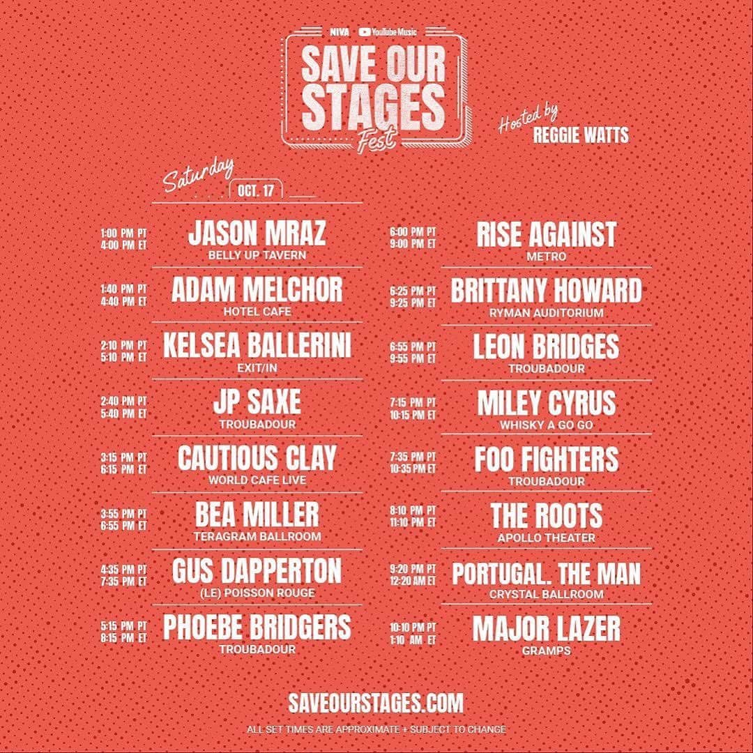 ジェイソン・ムラーズのインスタグラム：「We take the @bellyuptavern stage to perform an all new, original set today at 1pm PT / 4pm ET for #SOSFEST 🆘 Tune in here to help #SaveOurStages → yt.be/music/SOSFest (link in Story)  Shop 🛒 tonight’s limited edition poster by @scrojo. All proceeds will benefit the NIVA Emergency Relief Fund → hellomerch.com/collections/niva/ (link in Story)」