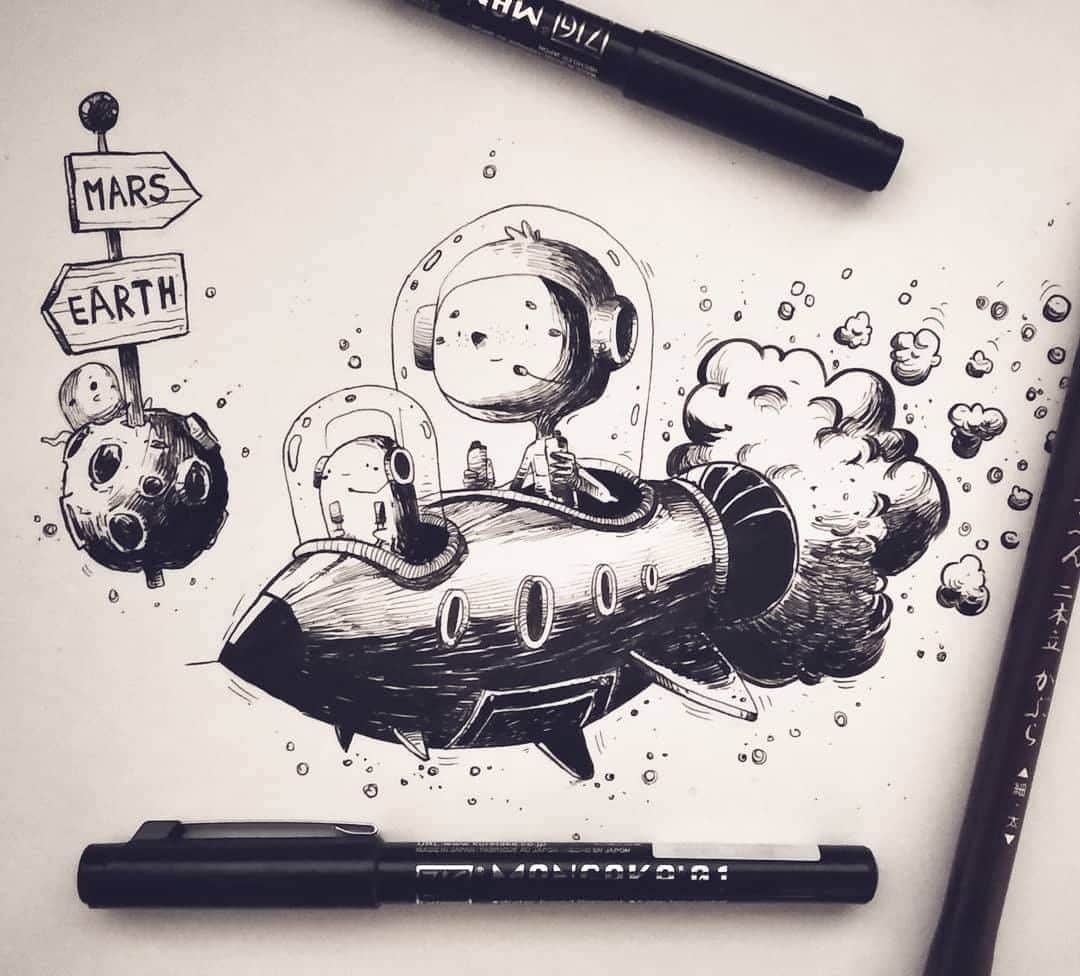 のインスタグラム：「おばけと一緒にロケットに乗っている可愛いイラスト！主線、細かな描き込みをMANGAKAで、ベタ塗りに筆ぺん二本立かぶら（55号）を使って頂きました。  Such a lovely picture! Wish I could travel to space with friend like the space cowboy some day... 🚀  Art by: @pawel_gierlinski_ilustracje  Made with:  1. ZIG Cartoonist MANGAKA 2. くれ竹筆ぺん 二本立かぶら( 55号)/ KURETAKE FUDE PEN ”NIHON-DATE KABURA” (No.55)  #kuretake_inktober #kuretake #kuretakezig #inktober #inktober2020 #呉竹 #インクトーバー #インクトーバー2020 #kuretakeinktober #blackandwhite #blackandwhiteart #inkdrawing #inkart #kuretakebrushpen #zigmangaka #zigmangakaflexible #呉竹筆ペン #inktober2020rocket #inktoberday16」