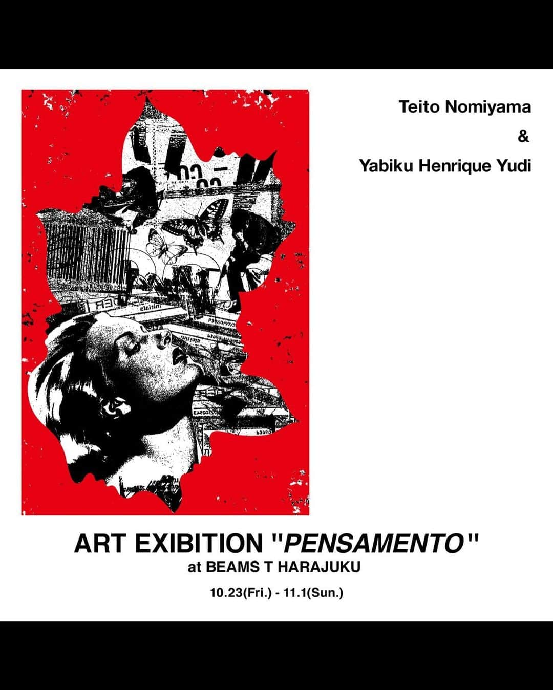 ビームスさんのインスタグラム写真 - (ビームスInstagram)「Teito Nomiyama×Yabiku Henrique Yudi “Pensamento” 10/23 Fri. Release at BEAMS T HARAJUKU  @beams_t グラフィックデザイナーとしての成長著しいTeito Nomiyamaと、無造作なコラージュセンスにラブコールが相次ぐYabiku Henrique Yudiの合同エキシビション『Pensamento』を10月23日（金）よりビームスT 原宿にて開催します。 日系ブラジル人四世として互いにブラジル人の親を持つアーティスト2名が、ブラジルでの生活経験があるという共通項で意気投合したことにより実現した本展では、それぞれのアーティストの作品を落とし込んだロングスリーブTシャツやスウェットに加えて、グラフィックとコラージュを融合させた合作のパーカ、トートバッグ、バンダナなど、本展示でしか成し得ない特別なアイテムを販売。また、イベント期間中は両者のアート作品の展示・販売も実施します。 またとないこの機会に是非、次世代を担うであろう若き才能に触れてみてはいかがでしょうか。  詳しくはHPをチェック！ https://www.beams.co.jp/news/2183/ ※ ストーリーズ ハイライト「Event」から  @teitohasemi33 @henrique_yabiku #beamst #ビームスT #beams #ビームス #teitonomiyama #yabikuhenriqueyudi #pensamento」10月17日 20時05分 - beams_official