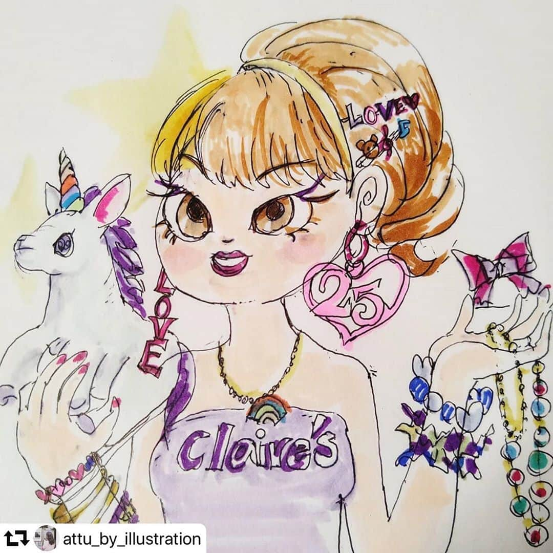 クレアーズさんのインスタグラム写真 - (クレアーズInstagram)「イラストレーターあっつうさん @attu_by_illustration がステキなファンアートを描いてくださいました✨💜 たくさんのクレアーズアイテムに囲まれたクレアーズガール💕🦄 ありがとうございます😊🍭 . #repost @attu_by_illustration ・・・ 大好きなお店の最後に。 感謝を込めて♥  戎橋店の皆様へ ラスト１日頑張ってね😃  壁にも来店時、猫描いてますが、アクセサリーをイラストに してみました✨💍✨  #クレアーズ#ファンアート #くれあーず #claires #アクセサリー#イラスト#イラストレーター#絵描き#難波#クレアーズ戎橋#clairesjapan#clairesstores #心斎橋#心斎橋筋商店街  #ファイト」10月17日 20時24分 - clairesjapan