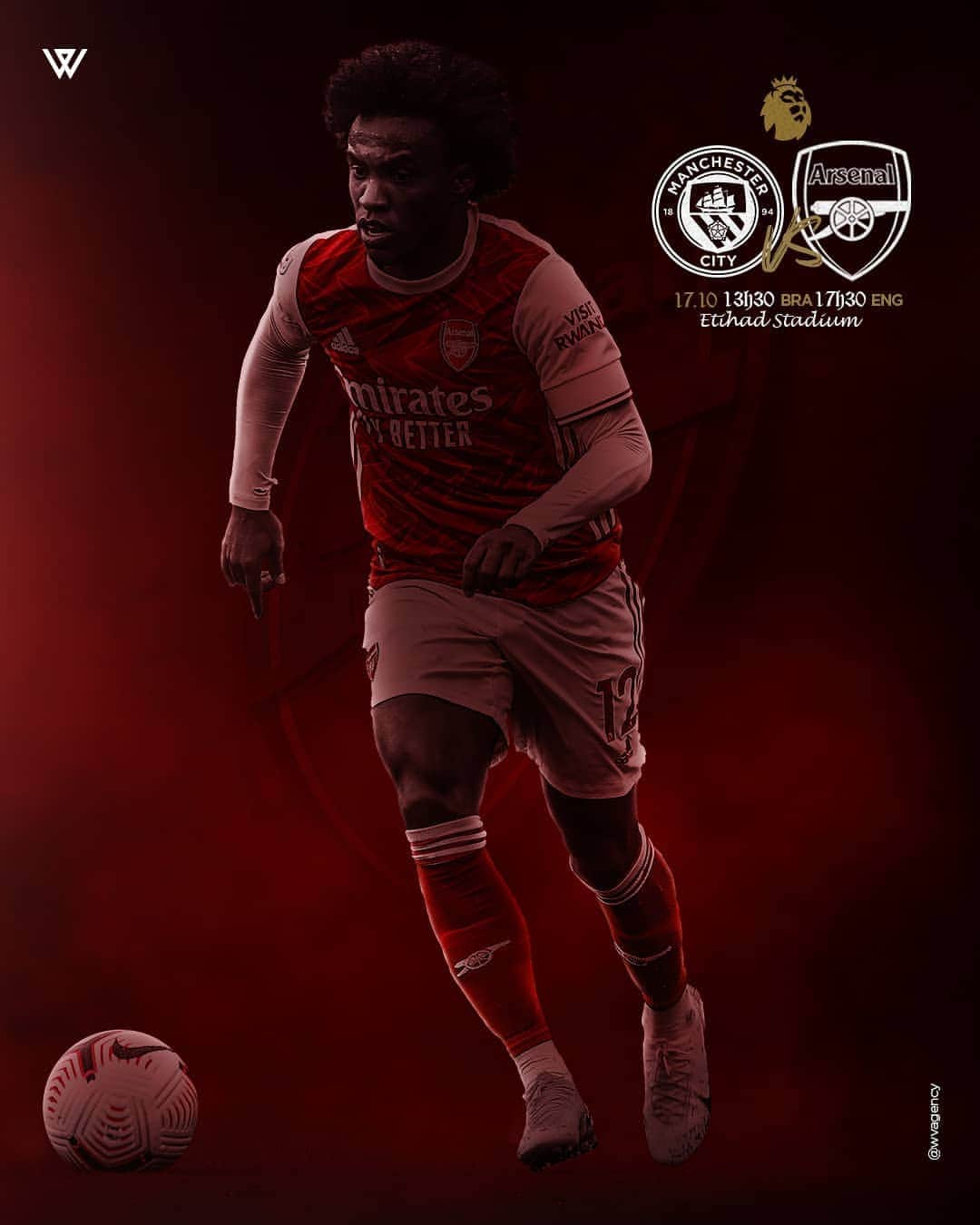 ウィリアンのインスタグラム：「MATCHDAY! 💪 Manchester City x Arsenal ⚽️ Premier League🏆 Etihad Stadium 🏟 17h30 🇬🇧 13h30 🇧🇷  #premierleague #arsenal #W12 #gunners」