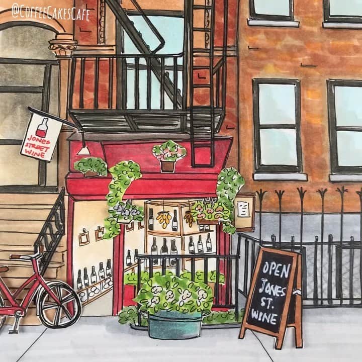 のインスタグラム：「Happy Saturday everyone!! I want to give this little shop ( @joneswine ) a shout for all who loves wine! 🍷 They have a good selection of carefully selected wines and is open daily from 2-10pm. There’s an online shop or call ahead of time if you’re looking for something particular. 🍷🍷 . . I’ll be featuring more specialty shops in addition to the cafes and eateries I love. I want to share and help spread the word as much as I can so you all can possibly visit all these special neighborhood places that’s on my list. Besides, I’m having so much fun illustrating all the little details each establishment have...it’s a win win !! 😁✨🙌🏻 Have a wonderful Saturday everyone! Here’s to a happy weekend! Cheers 🥂  . . .  . . . #stopmotion #westvillagenyc #westvillagelife #thisisnewyorkcity #stopmotionanimation #westvillage #greenwichvillagenyc #greenwichvillage #bitsofbuildings #igersofnyc #timeoutnewyork #chasing_facades #picturesofnewyork #made_in_ny #seeyourcity #newyorkgram #prettycitynewyork #newyorkarea #facade #facadelovers #streetsofnewyork #picame #stopmotionvideo #icapture_nyc #instagramnyc #coffeecakescafe #storefront #urbansketchers @tedward.ws」