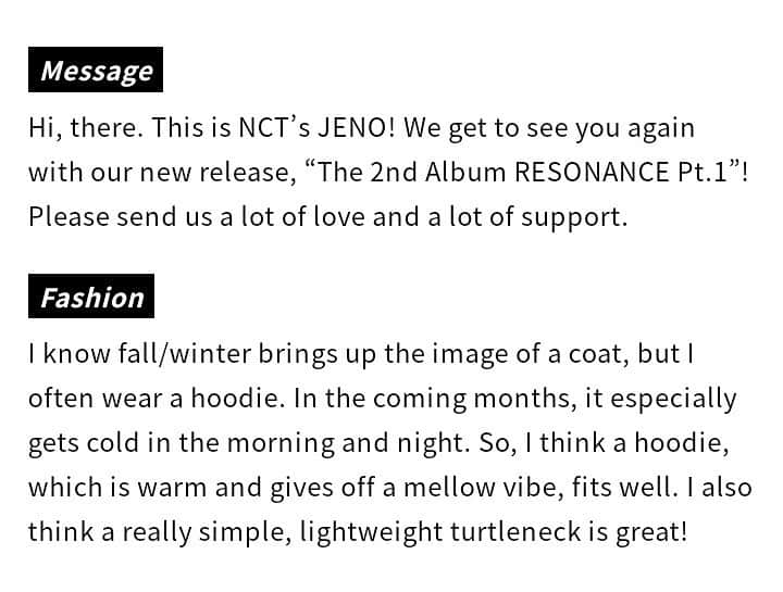 ジェノのインスタグラム：「[INTERVIEW] <201017> MEN’S NON-NO JAPAN — Finding 2020 A/W Fashion Style with NCT ••• highly agree, jeno in a hoodie a solid 13/10 ____  < #엔시티드림 #엔시티 #이제노 #제노 #nct2020_resonance #LeeJeno #jeno #nct2020 #nct #nctdream #nctu #nct127 #kpop #smtown #nctjeno >」