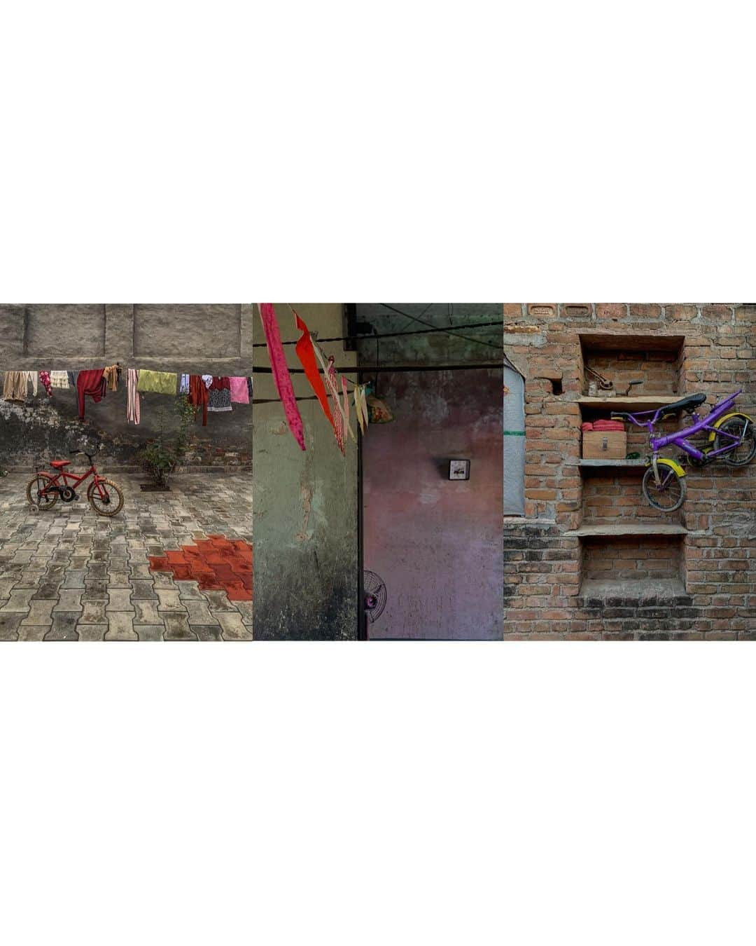 ジョン・スタンメイヤーさんのインスタグラム写真 - (ジョン・スタンメイヤーInstagram)「Things I was curious for, hanging around India… A very red bicycle belonging to Gurneel Kaur’s grand daughter, in her very red courtyard in Mari Mustafa, Punjab… met a shy room fan with a most purplish color, hiding inside a chai shop of my favorite colors in Chandauli, Uttar Pradesh, moving air to no one around the corner… and a very purple bicycle defying gravity at Kanthi’s home in Aswar Village near Bhind, Madhya Pradesh. All #nothingspecial, I just enjoy how they feel together. ⠀⠀⠀⠀⠀⠀⠀ India’s Daunting Challenge: There’s Water Everywhere, And Nowhere - Chapter 8 of the @outofedenwalk, my latest story in the August 2020 of @natgeo magazine. ⠀⠀⠀⠀⠀⠀⠀ #triptych #bicycles #fan #homes #nothingspecial #MariMustafa #punjab #chandauli #UttarPradesh #aswar #MadhyaPradesh #peace #love #india @natgeo @outofedenwalk #walkingindia #edenwalk」10月18日 11時33分 - johnstanmeyer