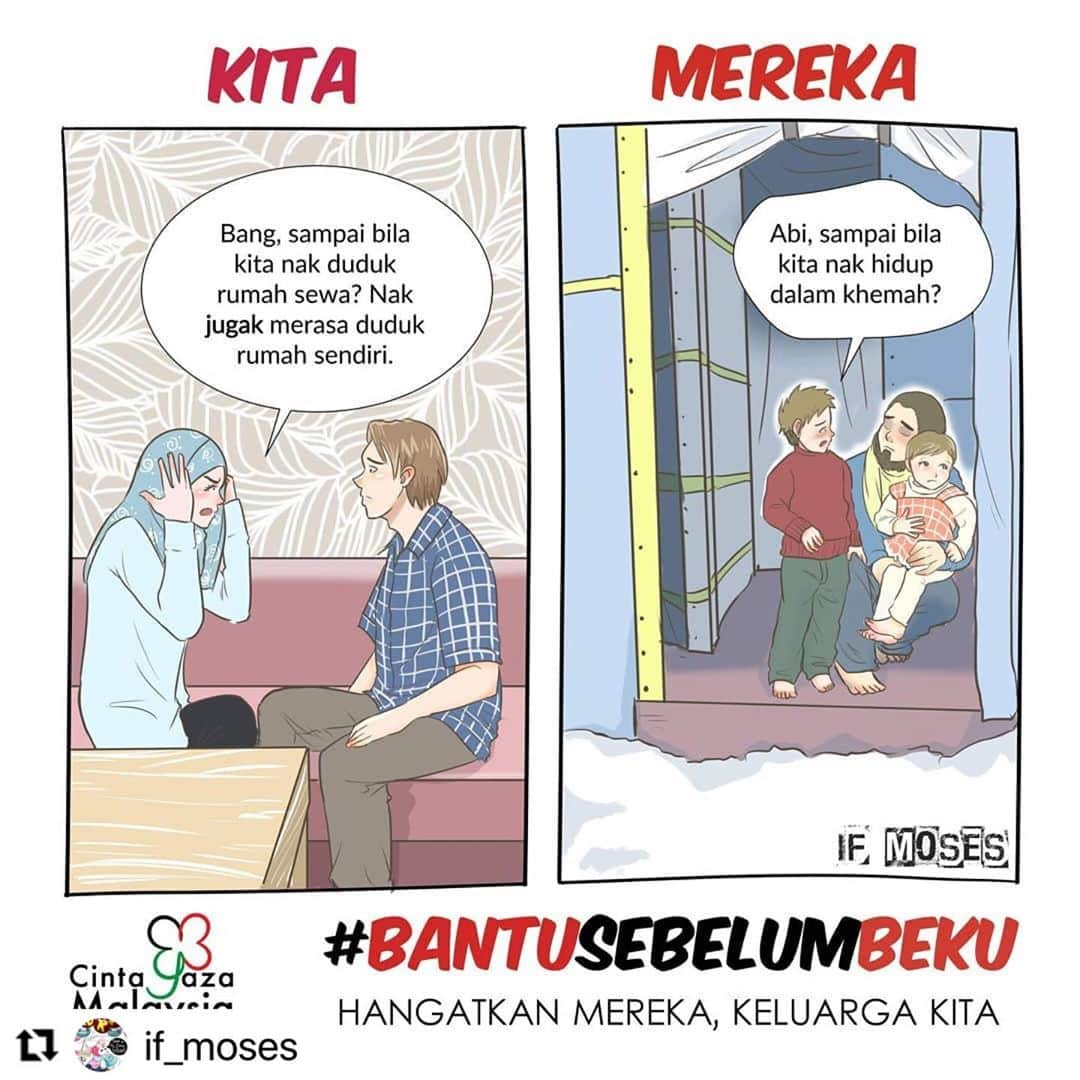 Koleksi Komik Malaysiaさんのインスタグラム写真 - (Koleksi Komik MalaysiaInstagram)「#Repost @if_moses with @make_repost ・・・ Apa yang kita ada sekarang, walaupun kecil, boleh jadi ia adalah apa yang diinginkan oleh orang lain. Boleh jadi ia adalah benda yang besar bagi orang lain. Tapi kita tak sedar.  .  Sentiasa ucap alhamdulillah untuk sekecil2 nikmat. Makanan yang sedikit? Duit yang sedikit? Rumah yang kecil? Kesihatan & kebahagiaan? Alhamdulillah... 😊 .  Berminat nak sumbangkan pek makanan, set baju sejuk, alat pemanas & lain2 untuk warga GAZA, TEBING BARAT, SYRIA & MORIA?  .  Klik link di bio untuk menderma 👆👆👆 .  Komik ditaja oleh: @cintagazamalaysia  .  #CintaGazaMalaysia #CGM #Winter4Gaza #DiskusiPalestin #KomikGAZA #gaza #jerusalem #palestine #savepalestine #palestin #dkv #daiekreatifventure #comic #manga #muslimmanga #komikdakwah #instaart #instaartist #mosesart #mosesartwork」10月18日 11時14分 - tokkmungg_exclusive