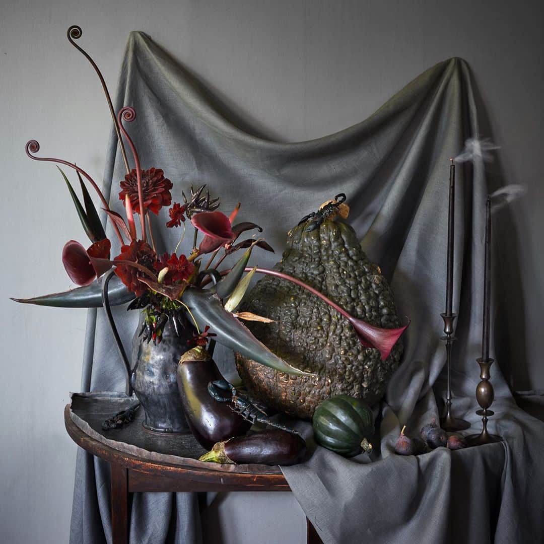 マーサ・スチュワートさんのインスタグラム写真 - (マーサ・スチュワートInstagram)「If you're not a fan of traditional Halloween decor, might we suggest a more wild and eerie setup? Let your entry table moonlight as a gothic still life, with a warty Hubbard squash as its subject. It's flanked by inky eggplants, figs, and an acorn squash, and an under-worldly arrangement of oxblood birds-of-paradise, chile peppers, dahlias, calla lilies, and fiddlehead ferns you'd swear were tentacles. Swipe the gallery and visit the link in bio for more inspiration! 📷: @minh_ngoc created by: @naomidemanana」10月18日 4時19分 - marthastewart