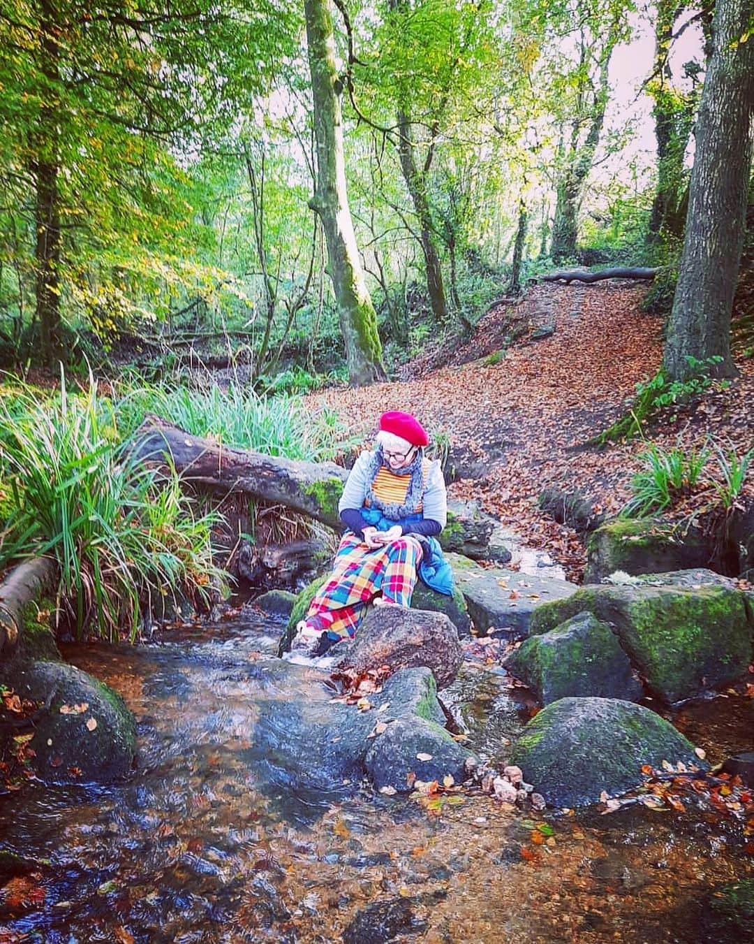 Tea and sittingのインスタグラム：「...me in my ideal photo editing habitat complete with wet foot!🌿♥️  ( 📸 taken in the woods yesterday by @taraleaver ...and there are more pics from our walk over in my stories🍂)」