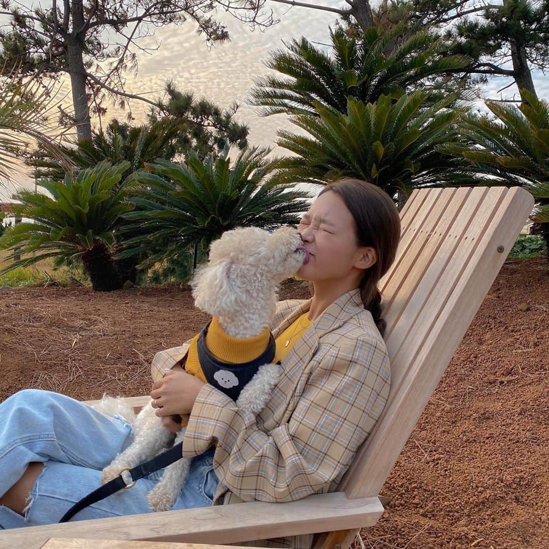 キム・ダヘのインスタグラム：「오늘 간 바다 엄청 많이 물어보시는데 해변이름은 모르겠구 인스밀이라는 카페 바로 앞에 있는 해변가였어요!! 😆😆 사람도 한명도 없어서 더 좋아뚬... 제주에서 본 바다 중 1순위!!! 인스밀카페도 완전 해외같아서 두군데 묶어서 같이 가는거 추천해요 인스밀은 실내가 아니라면 애견동반이 됩니다! 🤍🤍」