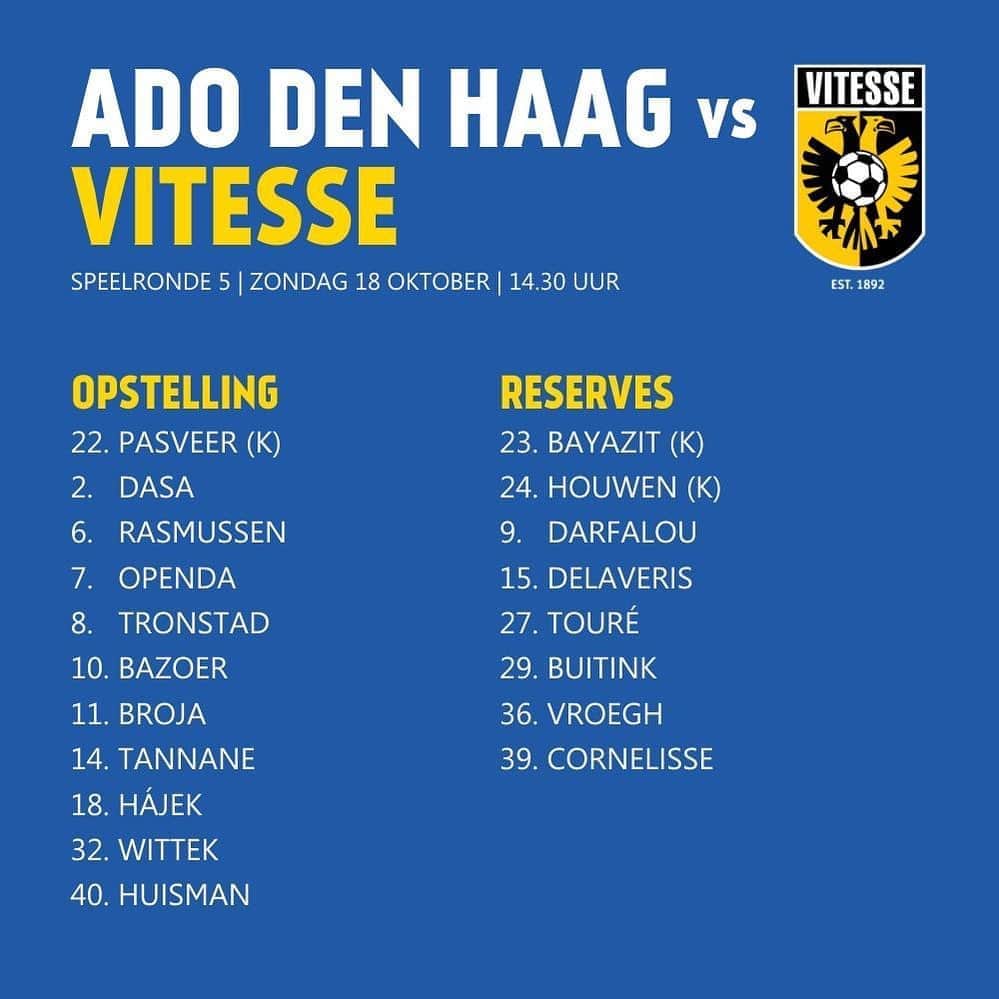フィテッセさんのインスタグラム写真 - (フィテッセInstagram)「XI Vitesse 📋⠀ ⠀ Thomas Bruns en Million Manhoef ontbreken in de wedstrijdselectie vanwege een positieve coronatest. Ook Danilho Doekhi is om die reden nog afwezig⠀ ⠀ #Vitesse #adovit」10月18日 20時20分 - mijnvitesse