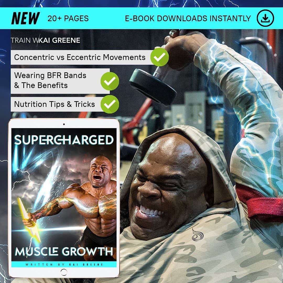 のインスタグラム：「🔥NEW E-BOOK IS LIVE ⚡️Supercharged Muscle Growth Is Now Available🔺Click The Link In Bio Or Log On To Trainwithkai.com  ✅Pack On More Muscle Faster ✅Get Full Workouts ✅Concentric vs Eccentric Movements ✅Wearing BFR Bands & Benefits ✅Importance of Stretching  ✅Nutrition Tips & Tricks」