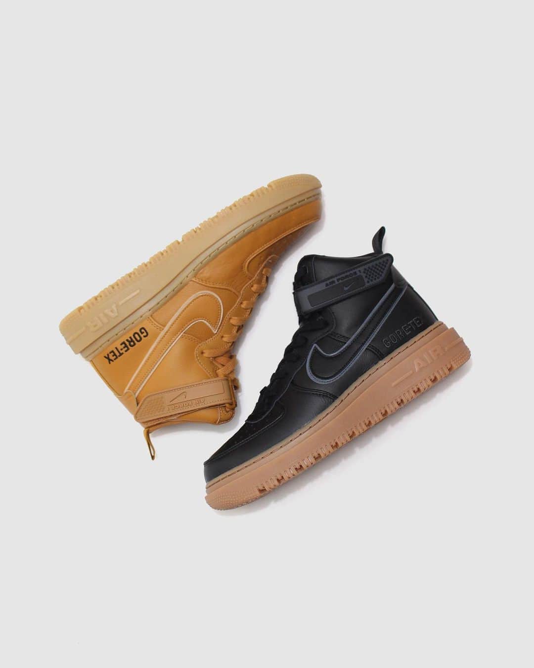 A+Sのインスタグラム：「2020. 10. 19 (mon) in store  ■NIKE AIR FORCE 1 GTX BOOT COLOR :FLAX, BLACK SIZE : 26.0cm - 29.0cm PRICE : ¥20,000 (+TAX)  栄光の輝きは、ナイキ エア フォースワン '07 GTX張りのあるオーバーレイ、大胆なアクセント、適度な光沢を備えたナイキ エア フォース 1 GTX ブーツは、冬に最適なオリジナルのバスケットボールスタイル。GORE-TEX素材の裏地、アウトソールの大きなラグ、取り外し可能なシリコン製アンクルストラップで、アイコニックなシューズの耐久性を強化。パッド入りのハイカットの履き口で、伝統的なバスケットボールシューズの快適性を継承している。  With taut overlays, bold accents, and moderate luster, the Nike Air Force 1 GTX boots are the perfect winter style basketball style. GORE-TEX material lining, large outsole lugs and removable silicone ankle straps add durability to your iconic shoe. The padded, high-cut cuffs carry on the comfort of traditional basketball shoes.  #a_and_s #NIKE #NIKEAIRFORCE1 #NIKEAIRFORCE1GTX #NIKEAIRFORCE1GTXBOOT #GORETEX」