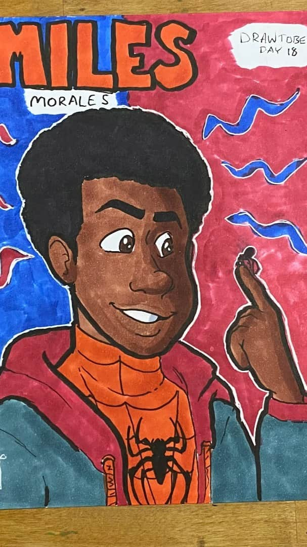 マックス・セットレージのインスタグラム：「Day 19!!! Today is all about Miles Morales. I ugly cried multiple times during spider verse which is not what I expected to do because John Mulaney voices a pig.  spiderverse is a work of art and I highly recommend it!!! . . . . . . . .  🎶: “Lina my Queen” by Blue Dot Sessions #milesmorales #spiderman #spidermanintothespiderverse」