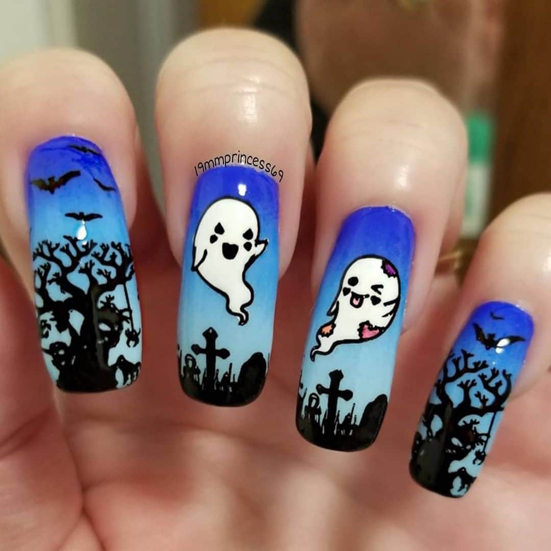 Nail Designsさんのインスタグラム写真 - (Nail DesignsInstagram)「Credit: @19mmprincess69  ・・・ 👻💙 Ghosts 💙👻 @nailartpromote  Gradient base is It's Brittany Beach, Far Our @orly and  Bonna Blue by fresh paints stamped with As Black as Night  @hit_the_bottle @beautometry Topcoat @glistenandglow1  Plates - Feative 62 @moyou_london B031 @whatsupnails BBB XL-019 and clear stamper @beautybigbangs Cuticle cover @ribbitsstickits Cuticle oil and acetone additive @unicornmagicskincare  👻💙👻💙 #nailswithigfriends   #nailitdaily #notd #mmprincessnails  #nails2inspire #nailsoftoday  #nailsofinstagram  #nailstagram #nailsofinsta #nailstampingaddict #stampednailaddict #stampednails  #nacentral #nailartcentral #nailartchallenge #nailartcollab #nailstamping  #unicornmagicskincare  #nailcollab #nailcollaboration  #nailartpromotechallenge  #nailartpromote  #halloweennails #halloweennailart #ghostnailart #nailspafeature  #ghostnails」10月19日 5時27分 - nailartfeature