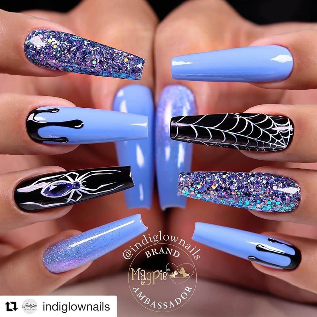 Nail Designsさんのインスタグラム写真 - (Nail DesignsInstagram)「Credit: @indiglownails  ・・・ 💙💙💙 or 😣😣😣 _______________________________________ Using @magpie_beauty: ▪️ Magpie Gel Polish BLACK BETTY, LIFE OF RILEY ▪️ Magpie Glitter: KYLIE, JEAN, ICLYN ▪️ Magpie Paint Gel BLACK & WHITE  _______________________________________ #nails #nailsonfleek #nailsofinstagram #instanails #nailswag #nailstagram #naildesign #nailsoftheday #nailporn  #gelnailsdesign #gel #manicure #gelnails #nailitdaily #nailartaddict #nailartclub #perfectnails #nails2inspire #nail #magpie_beauty #magpiebeauty #magpieglitter #everythingmagpie #nailart #halloweennails #halloween2020 #spidernails #bluenails #swarovskinails #scarynails」10月18日 21時17分 - nailartfeature