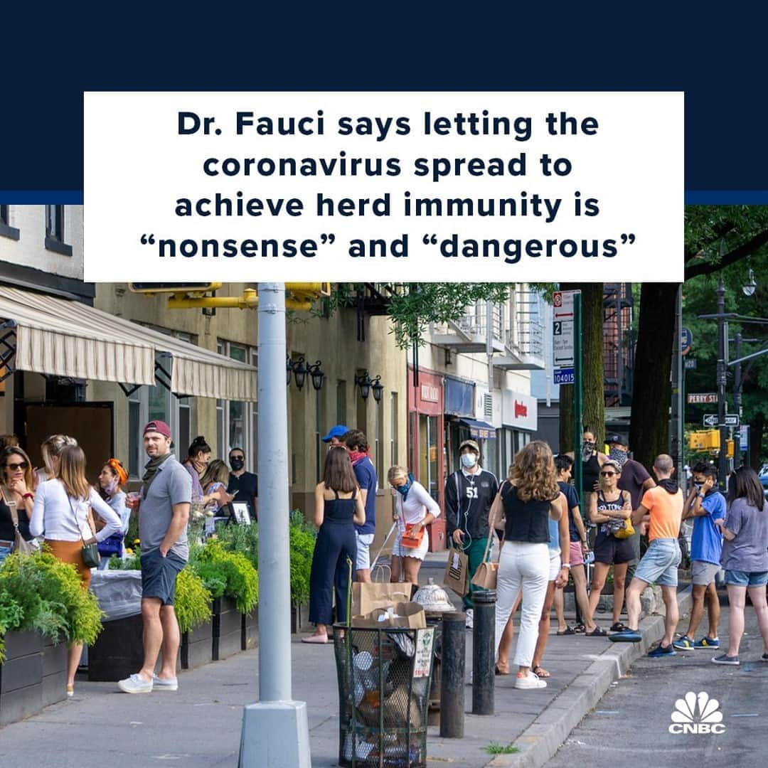 CNBCさんのインスタグラム写真 - (CNBCInstagram)「Letting the coronavirus rip through the U.S. population unchecked to infect as many people as possible to achieve so-called “herd immunity” would cause a lot of unnecessary deaths and the idea is “nonsense” and “dangerous,” Dr. Anthony Fauci said.⁠ ⁠ “If you let infections rip as it were and say, ‘Let everybody get infected that’s going to be able to get infected and then we’ll have herd immunity.’ Quite frankly that is nonsense, and anybody who knows anything about epidemiology will tell you that that is nonsense and very dangerous,” Fauci said.⁠ ⁠ Herd immunity happens when enough of the population is immune to a disease, making it unlikely to spread and protecting the rest of the community. Most scientists think 60% to 80% of the population needs to be vaccinated or have natural antibodies to achieve herd immunity, global health experts say. However, the nation’s top health experts have said a majority of Americans remain susceptible to a coronavirus infection.⁠ ⁠ Full story at the link in bio.」10月18日 23時30分 - cnbc