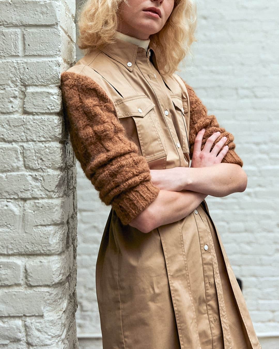 デレクラムのインスタグラム：「Not your average dress. Update your fall wardrobe with The Vivian Mixed Media Shirt Dress.」