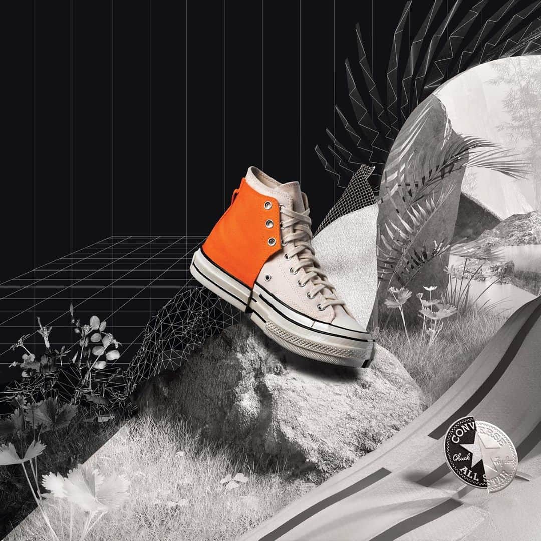 converseのインスタグラム：「More than two years ago, at the start of her ongoing collaboration with Converse, @FengChenWang had like many designers before, requested the Converse Chuck 70 to complete her SS19 Menswear presentation at New York Fashion Week. ⁣  ⁣ Shortly after the show, Converse and Wang began work to figure out how to formalize the bold concept and bring it to wider audiences. Over the following year, after numerous rounds of construction, fit and colorway explorations, the team engineered a design and finalized a color palette that demonstrates the cohesion between her deconstructed ethos and the classic Converse silhouette. ⁣  ⁣ “It’s all about honoring the icon, but boldly breaking the structure.”⁣  ⁣ The Chuck 70 2-in-1 unifies two alternate sizes of Chuck 70 to converge form and style in one approach. Not dissimilar to the exploration of layering often seen in both Wang's eponymous brand and her recent Converse collaborations, the silhouette is crafted with ‘two’ in mind: a paired organic canvas overlay, double-layered foxing tape and a modified outsole, spliced into four quadrants, keenly demonstrating the duality of intent for Wang’s idea while providing the wearer with enhanced “flex” in their step within the highly structured build.⁣  ⁣ The Converse x Feng Chen Wang Chuck 70 2-in-1, available October 20 on Converse.com.」