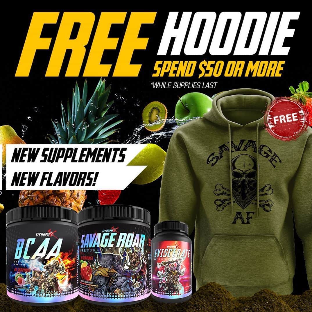 のインスタグラム：「🚨FREE SAVAGE AF HOODIE Get Our Savage AF Hoodie FREE With Any Order Of $50 Or More On —> Available Only On Dynamikmuscle.com  2 NEW SAVAGE ROAR - (10/10 Taste) 🍒Cherry Bomb Blast 🍓Fierce Fruit Punch  2 NEW BCAA’s - (2:1:1 Formula) 🥝Strawberry Kiwi 🍋Blueberry Lemonade  NEW EVISCERATE FORMULA 💪Incredible Strong ❌Crushes Cravings ⛔️Extreme Diet Aid ☝️1 Pill Day 🚨Proceed With Caution」