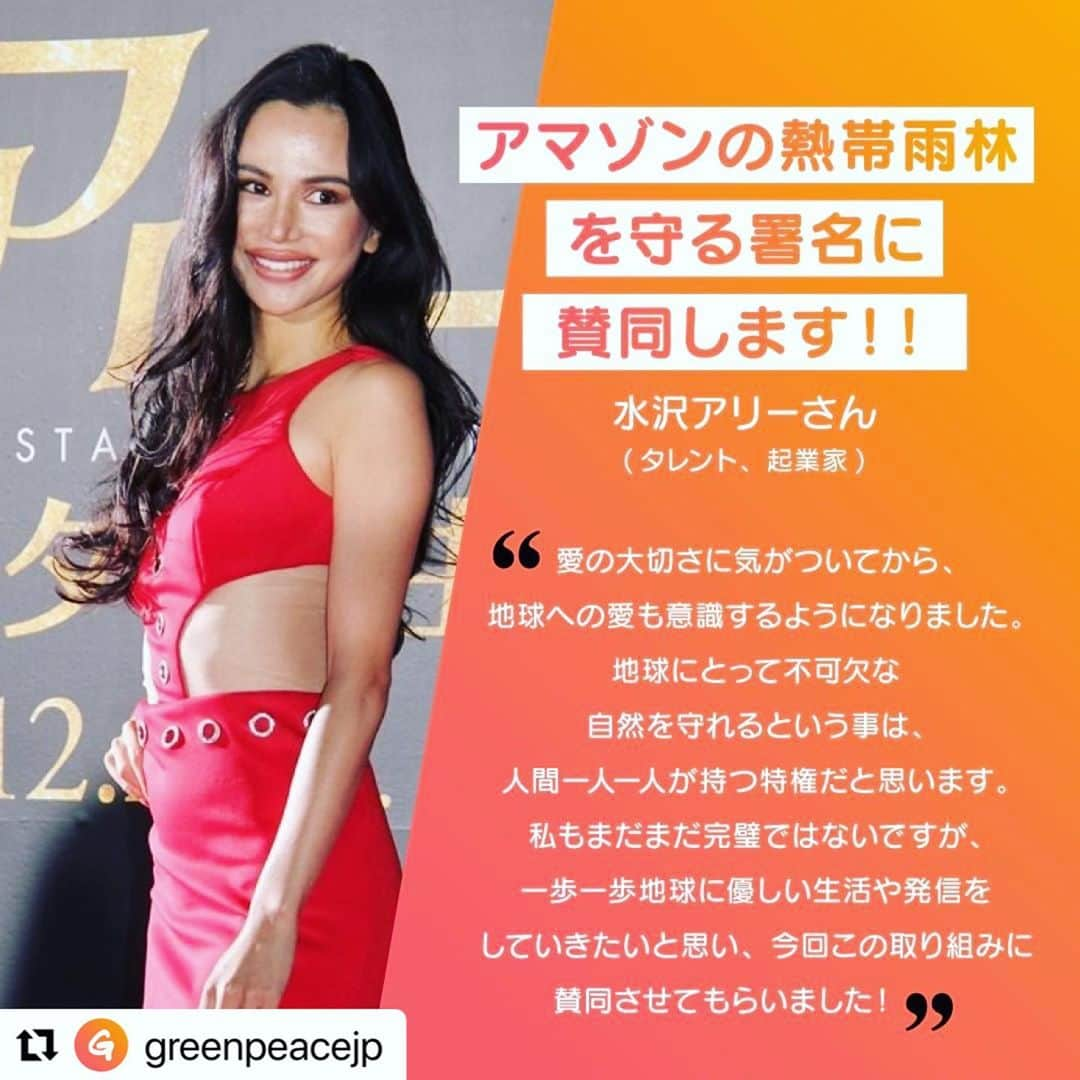 水沢アリーさんのインスタグラム写真 - (水沢アリーInstagram)「一昨年、ブラジルに初めて行った時に自然のエネルギーに圧倒されたんだ🌴 住んでる人も自然と共存しようとしてるのが伝わってきて、もっと遠くに住んでる私達が地球を大切にしなくちゃいけないと思ったの。 そういう想いから　@greenpeacejp さんのこの活動に賛同させてもらったよ。 皆んなにも是非署名してもらいたいな🌴一人一人の力で地球の自然を守ろう🌏✨ グリンピースさんのプロフィールにあるリンクから是非飛んで賛同宜しくね✍️ https://linktr.ee/greenpeacejp  #Repost @greenpeacejp with @make_repost ・・・ 地球のことを想い、 アマゾンの署名キャンペーンに賛同してださった 水沢アリーさんから素晴らしいメッセージが届きました🥺 💙 🌎  アマゾンの火災は自然発火ではなく 違法放火による人為的なもの🧯🔥  人間が引き起こした問題は 人間の手でしか解決できません✊  地球は、私たちが暮らすことができる唯一の家🌎  アリーさんがおっしゃる通り 今、地球にとって不可欠な自然を守るために 一人一人の小さなアクションが大切だと思います✨  ぜひ、私たちと一緒に ブラジル政府に森を守って欲しいことを伝えましょう🙏🏽  アマゾンの森を守るために 残された時間は、もう多くはありません🧯  ぜひ署名に参加してください！ 一人一人の署名が未来を変えます！  プロフィール @greenpeacejp のリンクから 「急速に燃えるアマゾンの森」をクリックして参加してください！」10月19日 14時46分 - ally_mizusawa