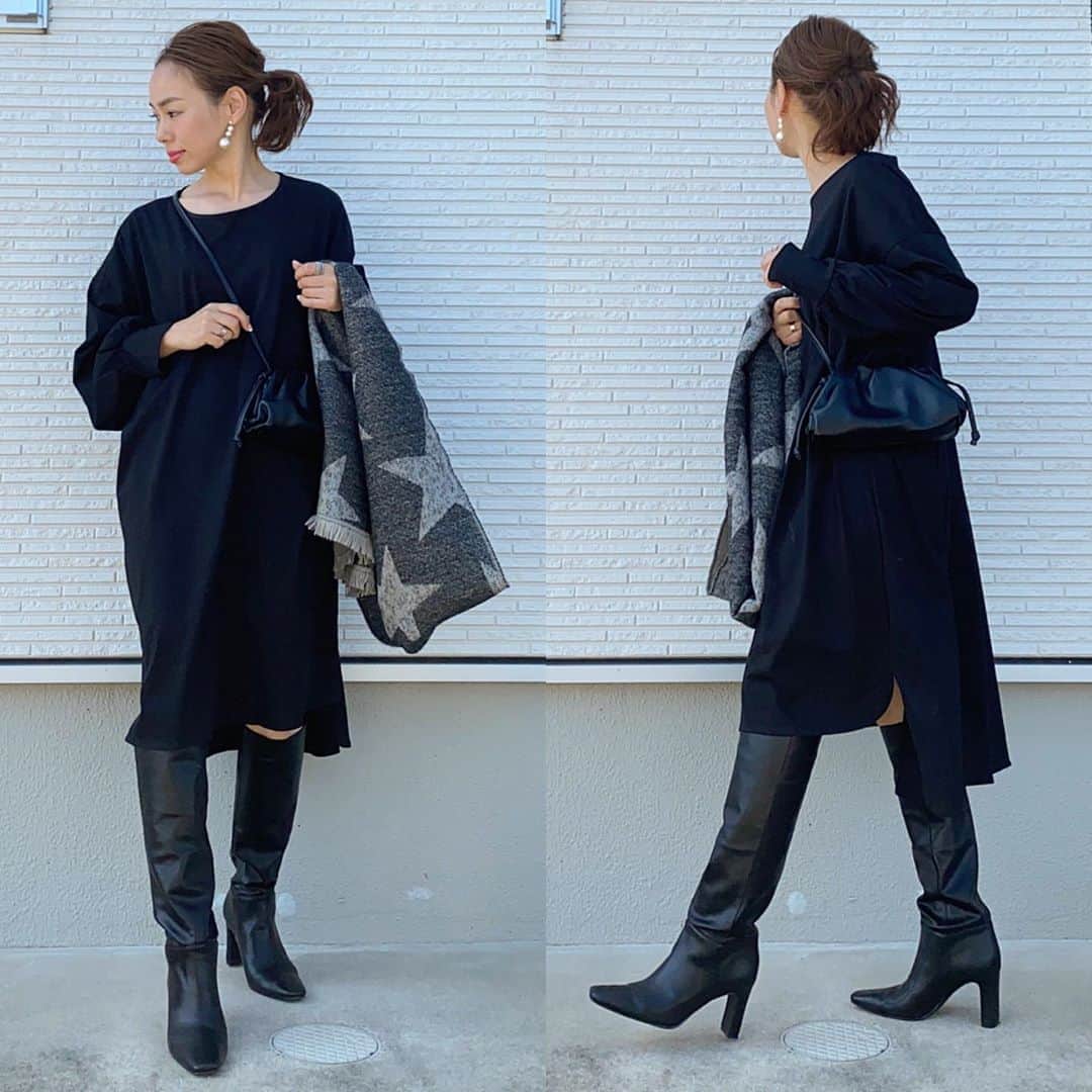 のインスタグラム：「おはよ🐔 ____________________________ @kirakirashop_kg  さんのさらっと着れるロングTシャツ❤️ パンツ合わたり👖 ブーツだったのでガードルだけ履いて㊙️ 妊婦さんにも🤰 boots／#milaowen pierce／#keimade ______________________________ #locari#mamagirl#大人カジュアル#ママコーデ#カジュアルコーデ#153cmコーデ#大人ファッション#アラフォーコーデ#シンプルコーデ #おちびコーデ#オトナカジュアル#大人コーデ #低身長コーデ #zaraコーデ#きれいめカジュアル#ザラジョ#大人カジュアルコーデ #プチプラコーデ #カジュアルコーデ #カジュアル#ミディアムヘア#ローポニー#オーバーサイズ#ブラックコーデ#モノトーンコーデ #kirakirashop#kirakira_style」