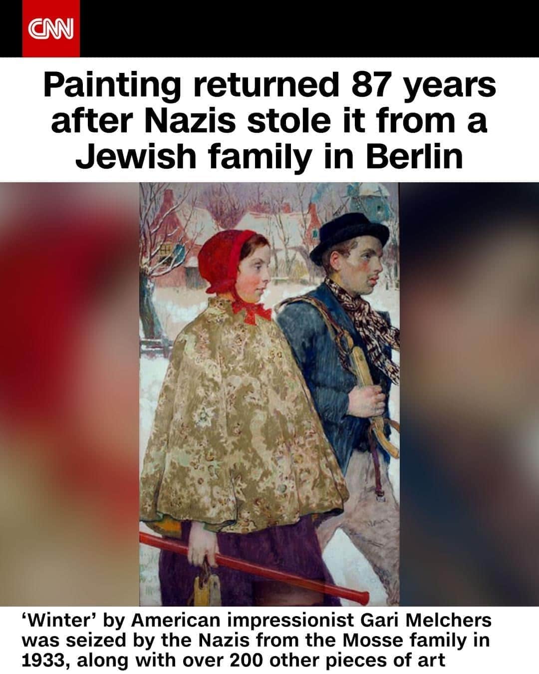 CNNさんのインスタグラム写真 - (CNNInstagram)「Decades after Nazis looted artwork from a Jewish family fleeing Germany, a painting was returned to its rightful heirs on Thursday. “Winter” by American impressionist Gari Melchers was seized in 1933 from the Mosse family, along with over 200 other pieces of artwork. Unbeknownst to the Mosses, the painting followed them as they fled to America, and wound up in the Arkell Museum in New York. When the museum found out the painting was taken illegally, it surrendered the piece to the FBI, which eventually gave it back to the Mosse Foundation. Tap the link in our bio to learn more about the painting’s journey. (📸: Gari Melchers)」10月19日 9時01分 - cnn