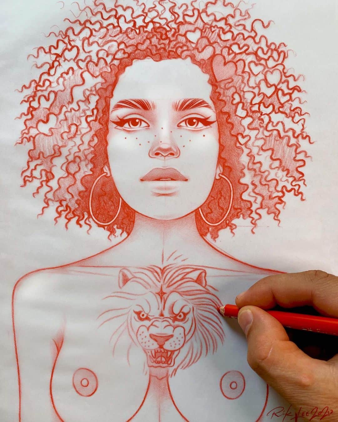 Rik Leeのインスタグラム：「Sketching the next piece in my zodiac series - Leo! Queen of the jungle. Proud, passionate, creative, bold and a little ferocious.  . #riklee #illustration #leo #art #zodiac #starsigns #lion #tattoo #naturalhair #curlyhair #drawing #sketch」
