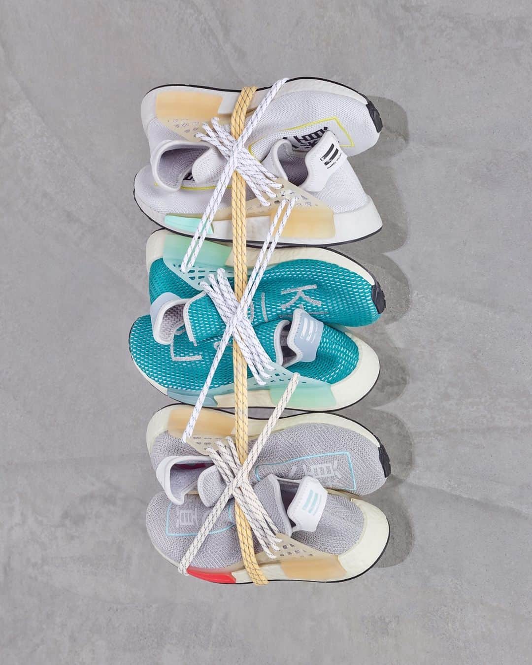 のインスタグラム：「The latest line of the PW HU NMD offers three striking colorways, all complemented by bold-stitched graphics which read HUMAN RACE in Chinese or South Korean characters.  Arriving October 25th online and in stores.  @pharrell   See more at adidas.com/Pharrell​」