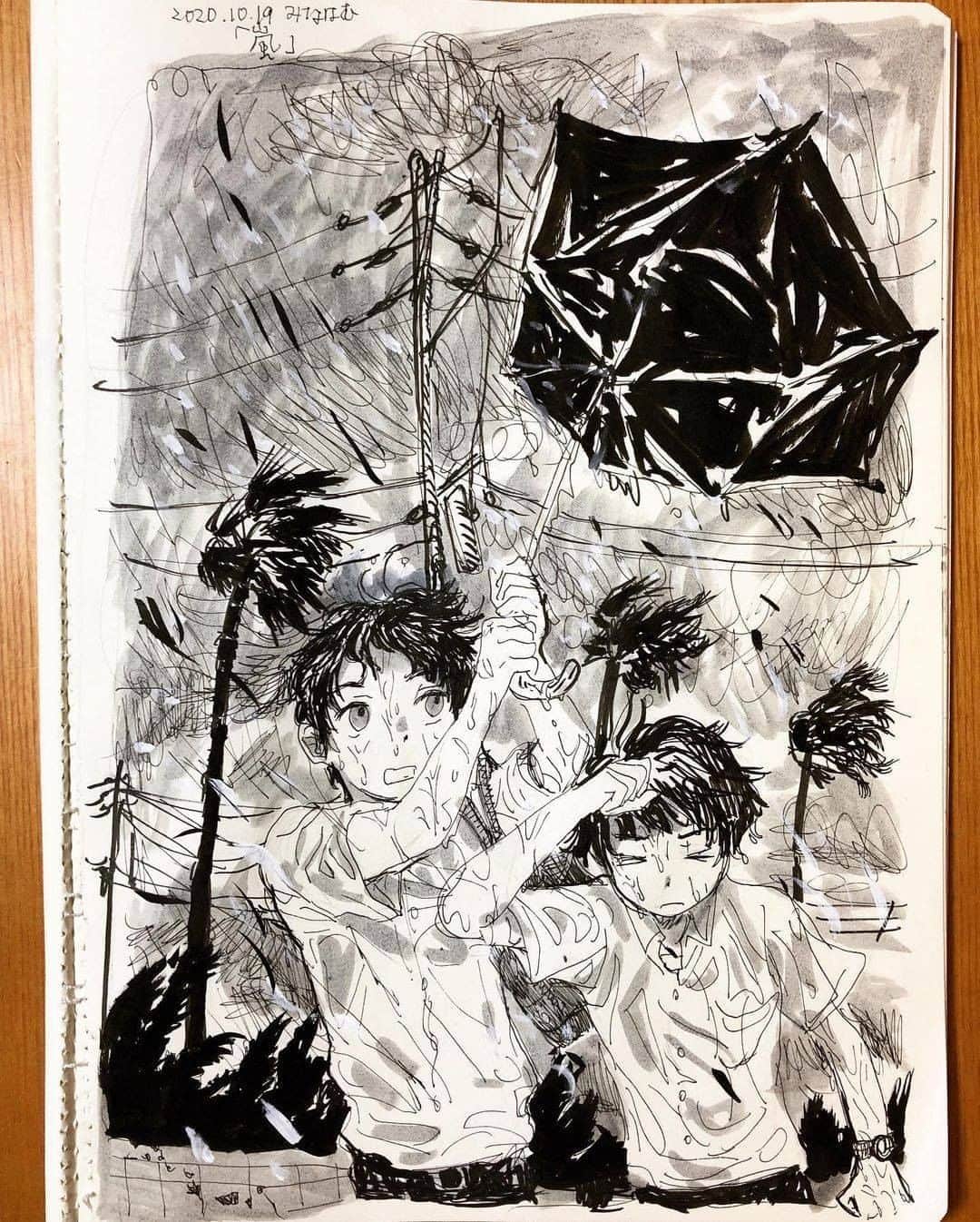 のインスタグラム：「嵐の中で雨に降られている様子が伝わる可愛いイラスト🌬🌧🌪 びちょびちょになって帰った通学路を思いだします☺️ 背景や滴る水の表現も素敵です✨  Have you ever been pelted by rain🌧?? Lovely drawing with various variations of KURETAKE brush pen!!  Art by: @mi_na_ha_mu  Made with: 1.  ZIG Cartoonist MANGAKA 01 2.  ZIG Cartoonist MANGAKA FLEXIBLE 3. くれ竹美文字 完美王 中字/ KURETAKE BIMOJI ”CAMBIO”  4. ZIG Cartoonist 白筆ぺん超極細/ZIG Cartoonist BRUSH PEN WHITE ULTRA FINE 5. くれ竹美文字 完美王 うす墨/ KURETAKE BIMOJI ”CAMBIO” Medium USUZUMI GRAY 6.ZIG Cartoonist 白筆ぺん 極細/ZIG Cartoonist BRUSH PEN WHITE  #kuretake_inktober #kuretake #kuretakezig #inktober #inktober2020 #呉竹 #インクトーバー #インクトーバー2020 #kuretakeinktober #blackandwhite #blackandwhiteart #inkdrawing #inkart #inkillustration #kuretakebrushpen #zigmangaka #zigmangakaflexible #呉竹筆ペン #inktober2020storm #inktoberday17 #kuretakeink #完美王 #cambio #kuretakecambio #zigcartoonistbrushpen」