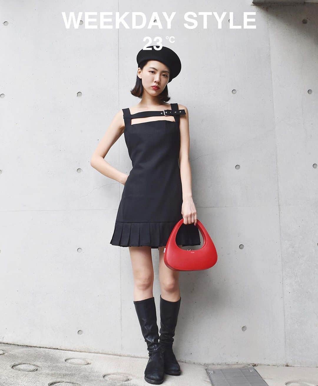 のインスタグラム：「10/18up : WEEKDAY STYLE  WEEKDAYコーディネート PRIVATEアイテムとSisterオンラインブティックで 販売中のアイテムをミックス  榊原 さくら / Sisterスタッフ 身長164センチ  WEEKDAY STYLE : 02 23℃  ドレス/Coperni(Sister)、バッグ/Coperni(Sister)、ハット/Hat(Sister)、シューズ/BARNEYS NEWYORK(私物)  少し気温が高い秋の初めはミニ丈のワンピースにブーツが気分です。 コペルニで合わせたお気に入りのコーディネートです。  #coperni #sister_tokyo #barneysnewyork  @sakuchannel」