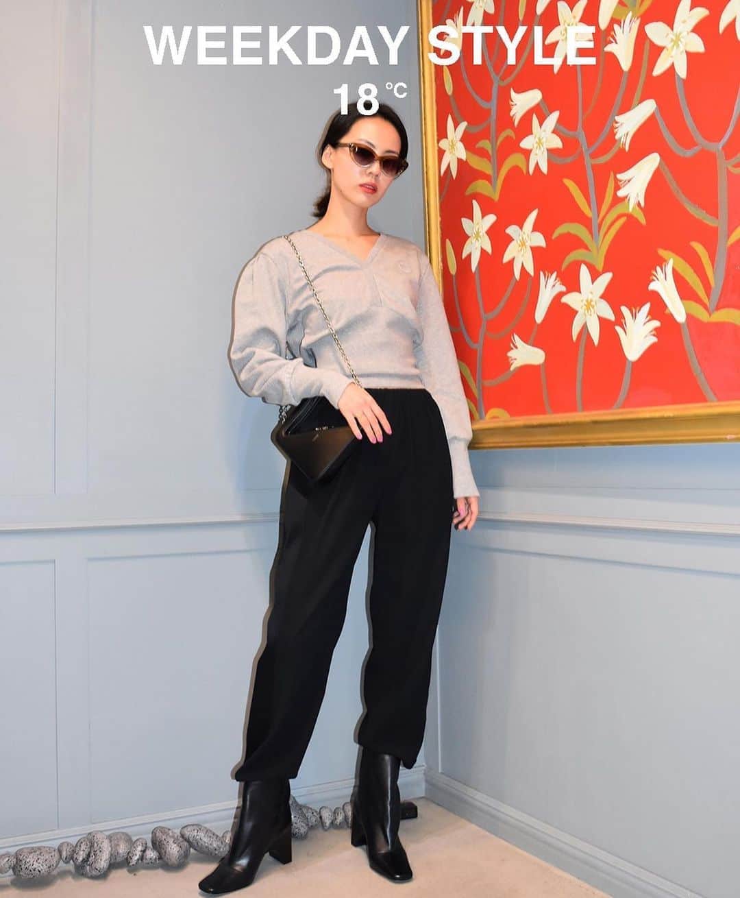 のインスタグラム：「10/18up : WEEKDAY STYLE  WEEKDAYコーディネート PRIVATEアイテムとSisterオンラインブティックで 販売中のアイテムをミックス  榊原 さくら / Sisterスタッフ 身長164センチ  WEEKDAY STYLE : 03 18℃  トップ/Coperni(Sister)、パンツ/KENZO(私物)、バッグ/Coperni(Sister)、アイウェア/Blanc..(Sister)、シューズ/Coperni(Sister)  クロップド丈のコペルニのトレーナーはカジュアルになりすぎず合わせやすいアイテム。 ブーツにスラックスをインしてバランスよくスタイリングしました。  #coperni #sister_tokyo #blanceyewear #kenzo  @sakuchannel」