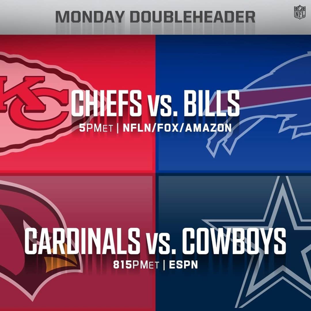 NFLさんのインスタグラム写真 - (NFLInstagram)「Your Monday night plans: ⬇️  📺: #KCvsBUF — 5PM ET on NFLN/FOX/PRIME VIDEO 📱: nfl.com/tnf  📺: #AZvsDAL — 8:15PM ET on ESPN 📱: NFL app // Yahoo Sports app」10月19日 21時30分 - nfl