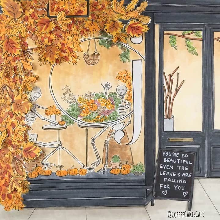 のインスタグラム：「Lovely Autumn season brings luscious amber colored foliage. Aside from the beauty this season brings...it is Halloween!! 🎃🍂 When I saw @jtesta_designs exterior decor I had to recreate it for you all to see! It’s incredible! Come by if you love to take pics of exteriors or just love to see floral installments. This is one of my favorites and since Halloween is going to be very different this year, this window display represents the spirit, whimsicalness, and a bit of spooky to brighten the week! 🍂🍁💀🎃 Also, you have to see their floral designs...absolutely beautiful!! There’s nothing like fresh flowers to brighten a day...a home...or saying “I’m thinking of you” to someone in your life! I love flowers and capturing its scent makes me feel so happy! Have a lovely Monday everyone! May it be filled with fun, bountiful of beauty, happiness, and the sweet scent of flowers! 🌼  . . .  . . . #stopmotion #sohonyc #soho #westvillagenyc #westvillagelife #thisisnewyorkcity #stopmotionanimation #westvillage #greenwichvillagenyc #greenwichvillage #igersofnyc #timeoutnewyork #chasing_facades #picturesofnewyork #made_in_ny #newyorkgram #prettycitynewyork #newyorkarea #facade #facadelovers #streetsofnewyork #picame #stopmotionvideo #icapture_nyc #instagramnyc #coffeecakescafe  #storefront #urbansketchers #floraldesign #flowershop」