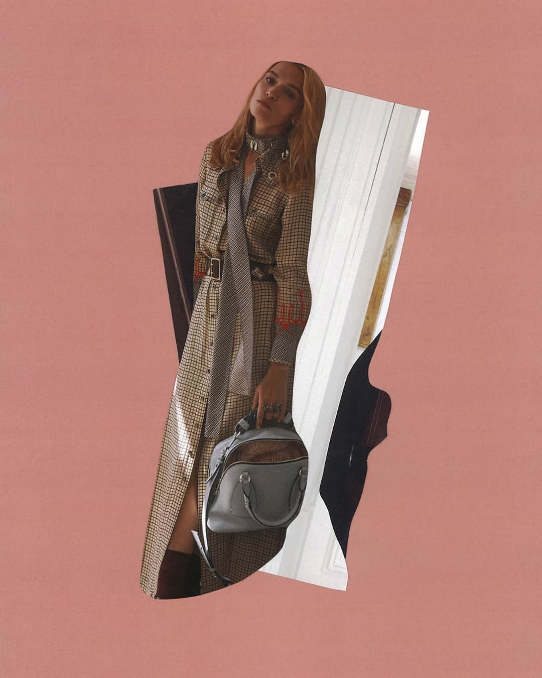のインスタグラム：「The #CHLOEfw20 collage series: dreaming of the Daria in Ash Blue. Artwork by @Seana_Redmond: “I wanted to create sculptural and structured layouts that combine this with the softer, fluid, feminine shapes of the models.”  Discover new arrivals in boutiques and on chloe.com  #CHLOEvoices #CHLOE」