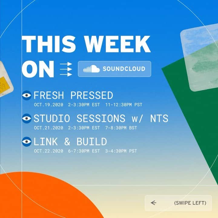 サウンドクラウドのインスタグラム：「Back at it again with another packed week of fun shows: #FreshPressed, #StudioSessions, & #LinkandBuild. 📲📲You can now tune into our live streams via Twitch and Facebook. 💥」