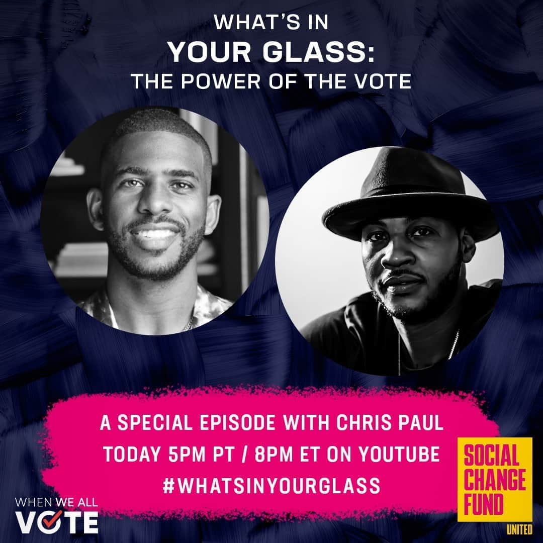 カーメロ・アンソニーのインスタグラム：「Tune in today for a special What's In Your Glass? My brother @CP3 joins me to talk about the importance of voting, partnering to launch the @SocialChangeFnd, and key moments in the bubble. 5pm PT/8pm ET on my YouTube channel. #WhatsInYourGlass #STAYME7O」