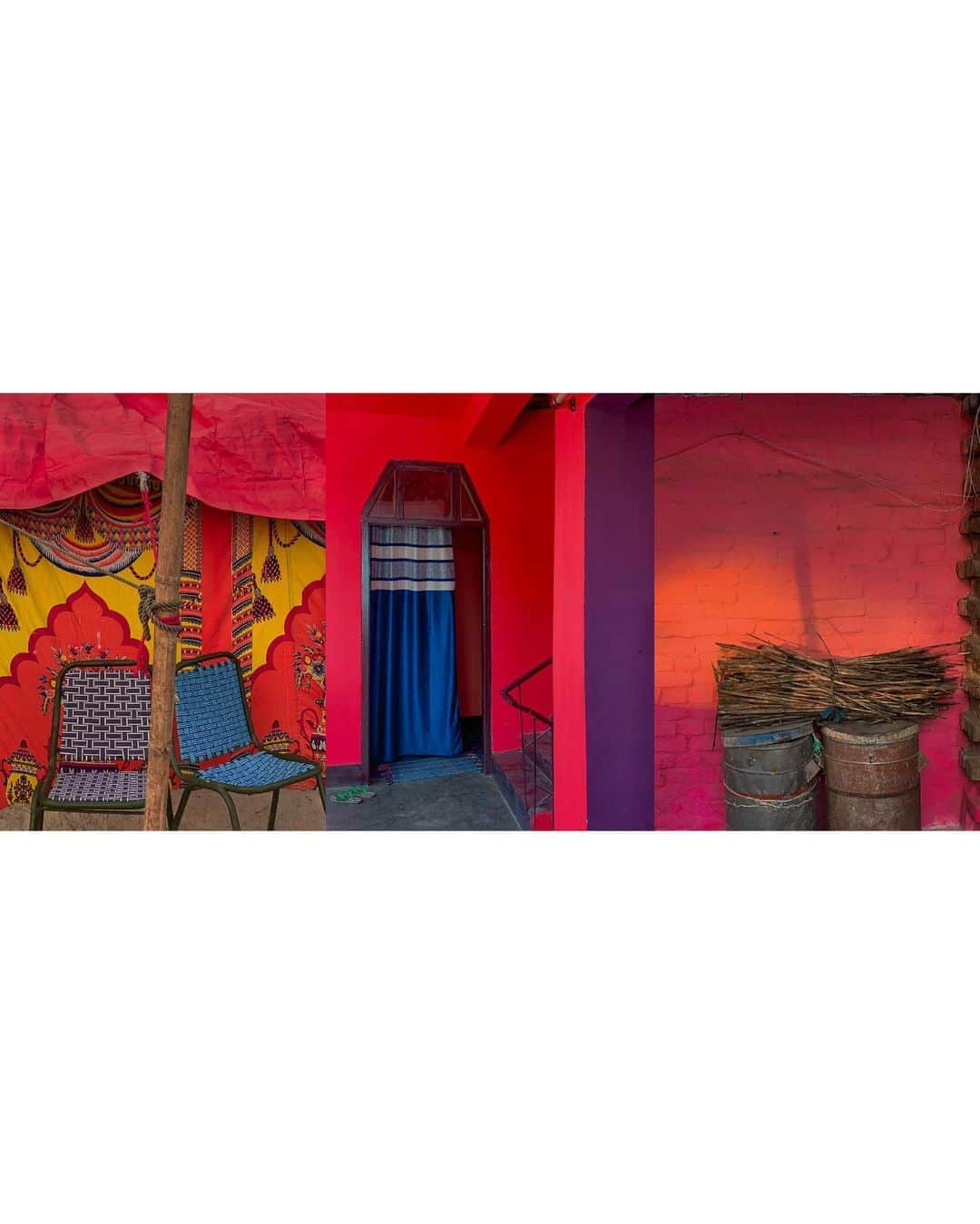 ジョン・スタンメイヤーさんのインスタグラム写真 - (ジョン・スタンメイヤーInstagram)「Two chairs, two green flip-flops, two tin cans, things in pairs stumbled upon in India… Chairs outside the dripping orangey-red prayer tent in the ashram we stayed during the 2019 Kumbh Mela in Prayagraj, Uttar Pradesh… @ankitha_rs’s green flip-flops, outside her door at the reddest of red hotels ever in Borjhar, Assam… Two trash cans at a home in Bhind, Madhya Pradesh, resting against a mighty pink wall when the light kissed it yellow near sunset. Once again, all #nothingspecial, until noticing magical patterns before all of us, coming as one together. ⠀⠀⠀⠀⠀⠀⠀ India’s Daunting Challenge: There’s Water Everywhere, And Nowhere - Chapter 8 of the @outofedenwalk, my latest story in the August 2020 of @natgeo magazine. ⠀⠀⠀⠀⠀⠀⠀ #triptych #pink #red #chairs #prayagraj #allahabad #UttaraPradesh #green #flipflops #blue #curtain #borjhar #assam #tincans #sticks #sunlight #bhind #MadhyaPradesh #peace #love #india @natgeo @outofedenwalk #walkingindia #edenwalk」10月20日 10時17分 - johnstanmeyer