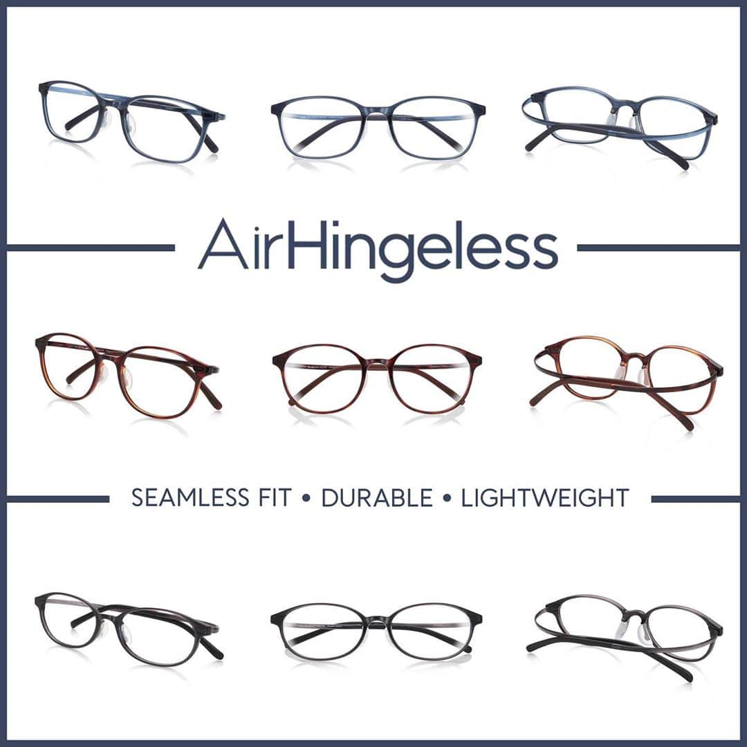 JINSのインスタグラム：「Where convenience meets style 🏪⭐  AirHingeless is the frame for those who want the lightest, most comfortable fit—perfect for those with heavier prescriptions. The frame is made without a hinge, which helps to snugly wrap around your head, all while feeling weightless.」