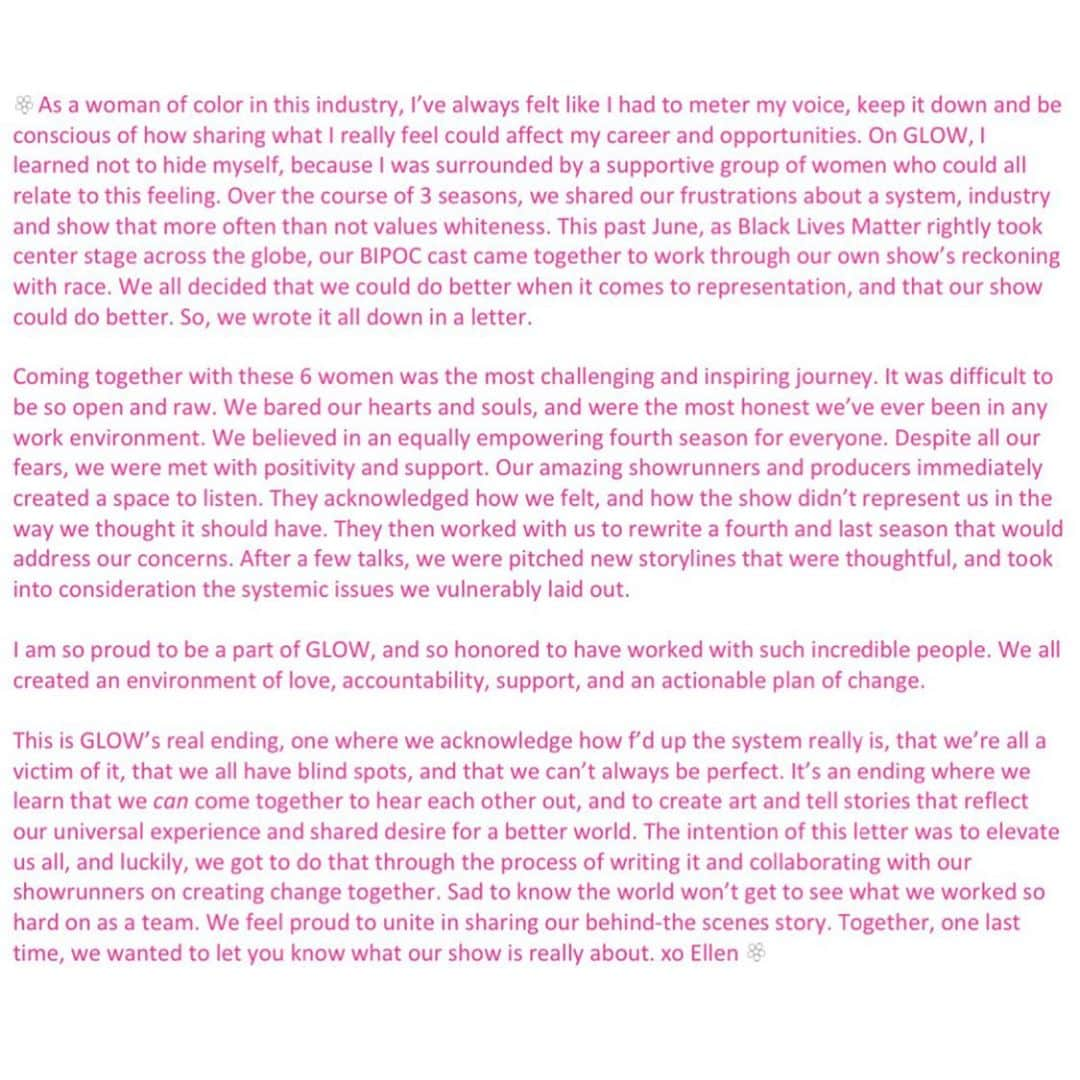 エレン・ウォンのインスタグラム：「I could not have done this alone. Hand in hand with my GLOW sisters, and our Showrunners, we did this together. It was tough, because we got real, but we were listened to. We are so proud to share this together. Please swipe to read my statement and our letter.   I love you, Jenny Chey! 💖💖💖」