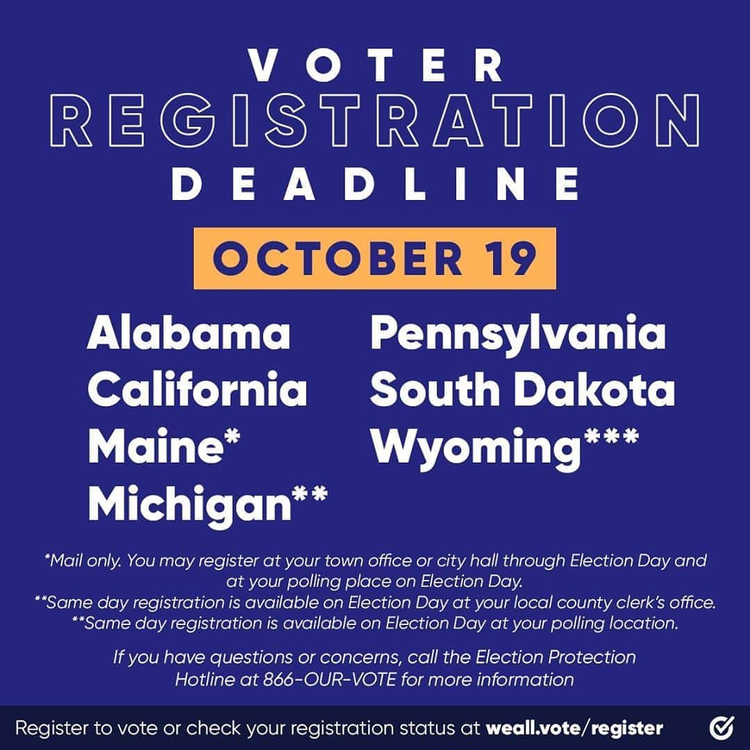 ションダ・ライムズさんのインスタグラム写真 - (ションダ・ライムズInstagram)「🚨 Voter Registration Deadlines Today 🚨  If you live in one of these seven states, get #RegisteredAndReady now. @whenweallvote」10月20日 3時15分 - shondarhimes