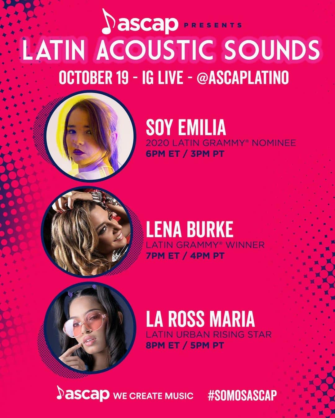ASCAPさんのインスタグラム写真 - (ASCAPInstagram)「Our Acoustic Sounds showcase is happening today LIVE on @ascaplatino’s IG at 3PM PT  6PM ET. Tune in to see sets by @soyemiliamusica @lenaburkemusic & @rossmariaofficial. #SomosASCAP #BillboardLatinWeek」10月20日 3時32分 - ascap