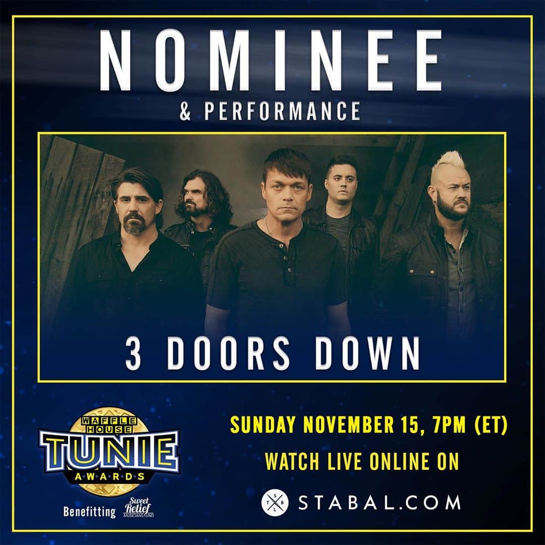 3 Doors Downのインスタグラム：「We're stoked to be nominated as a top played artist at @wafflehouseofficial! Tune-in to the Tunie Awards on Nov. 15th to see us perform live!   Be sure to also snag tickets to the After-Show Party now for just $3 to see more exclusive performances, all benefitting @sweetreliefmusiciansfund. Only on @stabalmusic. Link in bio.」