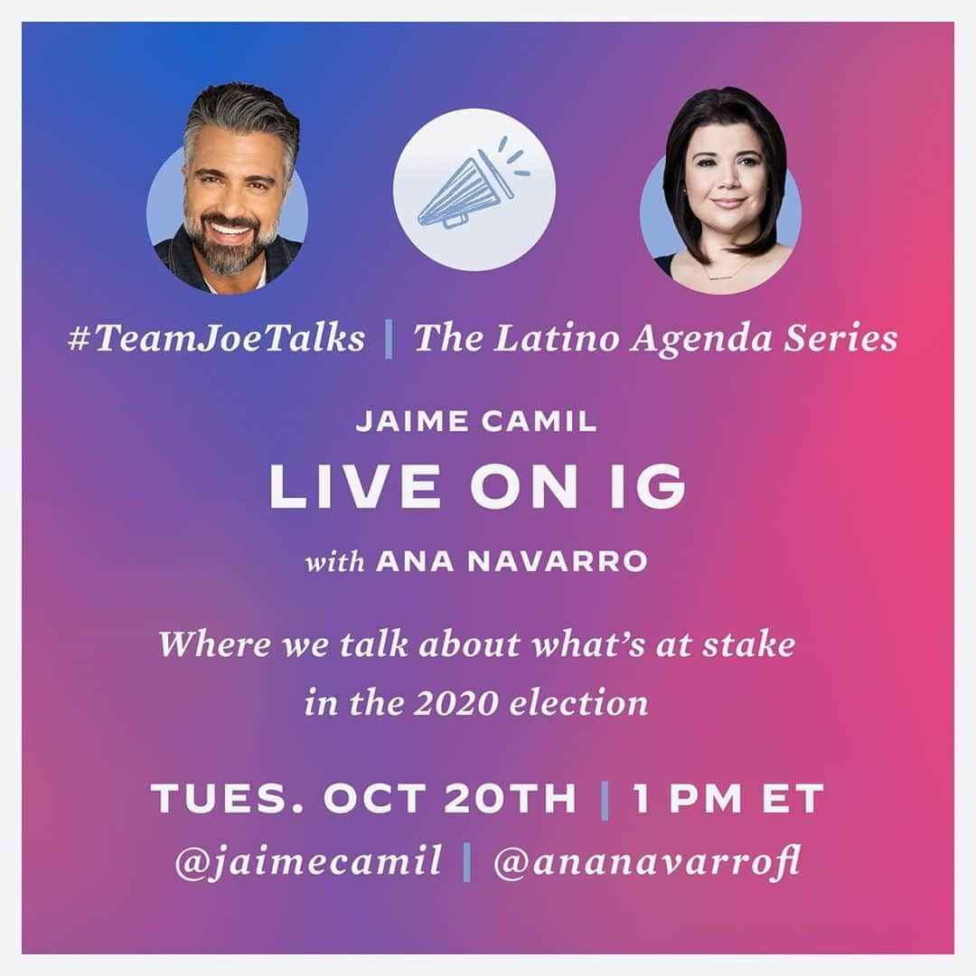 ハイメ・カミールさんのインスタグラム写真 - (ハイメ・カミールInstagram)「Beyond excited about my #TeamJoeTalks tomorrow (10/20) with the AMAZING, brilliant, eloquent and commonsensical @ananavarrofl 🙏🏼🙇🏽‍♂️☺️ See you at 10am PT (1pm ET) / Muy emocionado por mi #TJT de mañana (Oct; 20) con la maravillosa, brillante y elocuente #AnaNavarro 🙌🏼 10am PT|1pm ET」10月20日 12時34分 - jaimecamil