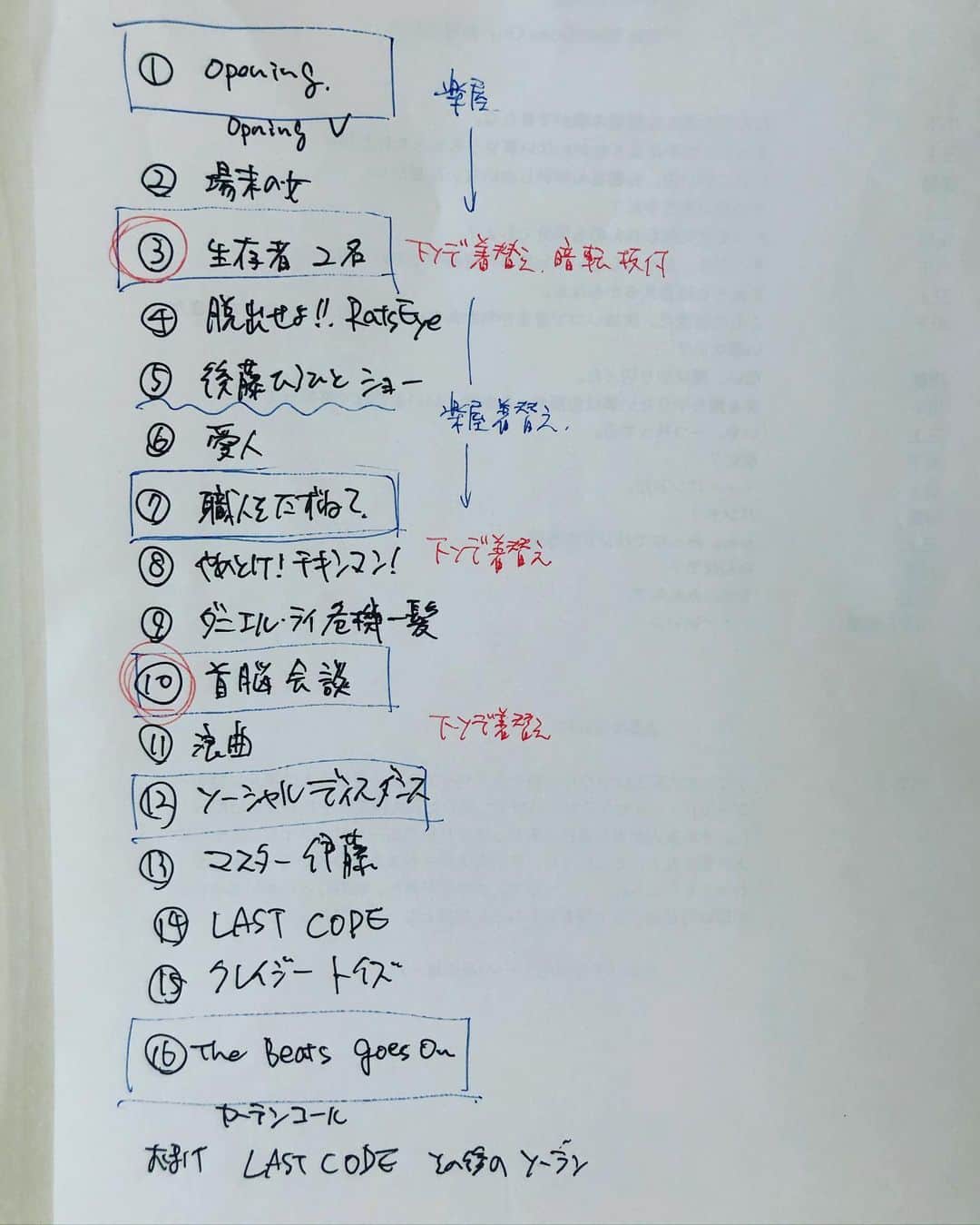 三上市朗のインスタグラム：「「大田王2020GOLD LICENCE TO KILL」のセットリスト。私が私の為に書いたので私が出るものが青く囲まれてたり、袖で着替えるマークが付いてたりしますが、各々のタイトルはこうなってます！ #大田王」