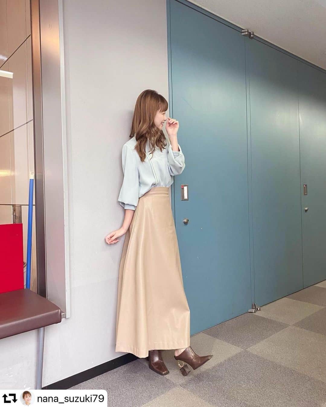 のインスタグラム：「10.20 update... Special thx💋 . . . #EATME_REPOST #repost @nana_suzuki79 ・・・ 今日のコーデです♡ トップス→ @united_tokyo スカート→ @eatme_japan サボサンダル→ @yelloshoes_official ひるおび見てくれた皆さん、 ありがとうございました😊 生放送緊張しちゃいました💦 #今日のコーデ #テレビ衣装 #ひるおび」