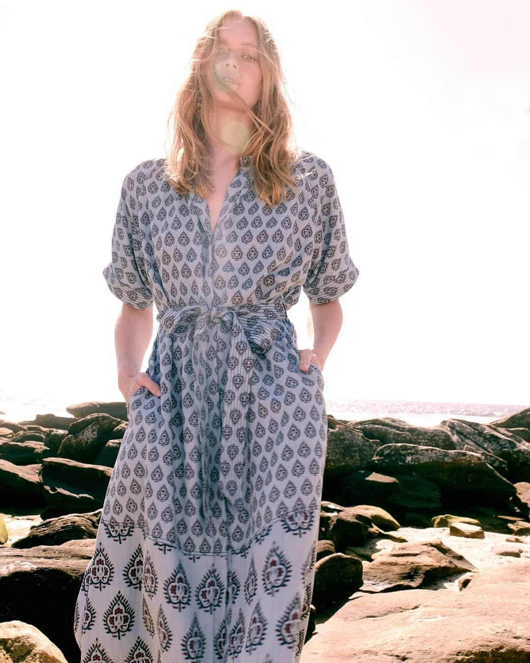 ミーガンパークのインスタグラム：「CHAMBRAY DENIM // Discover our new Spring Summer collection of over washed, soft, lightweight denim, perfect for  the warmer months ahead. Featuring digital reinterpretations of Rajasthani hand block prints and folkloric inspired embroidery. These easy, classic pieces will take you through many summers to come. Find the chambray denim collection online now x ​. ​Photography by @carlottamoye Helena @workagency styling @nbonython HMUA @nonismithmakeup  ​ ​」