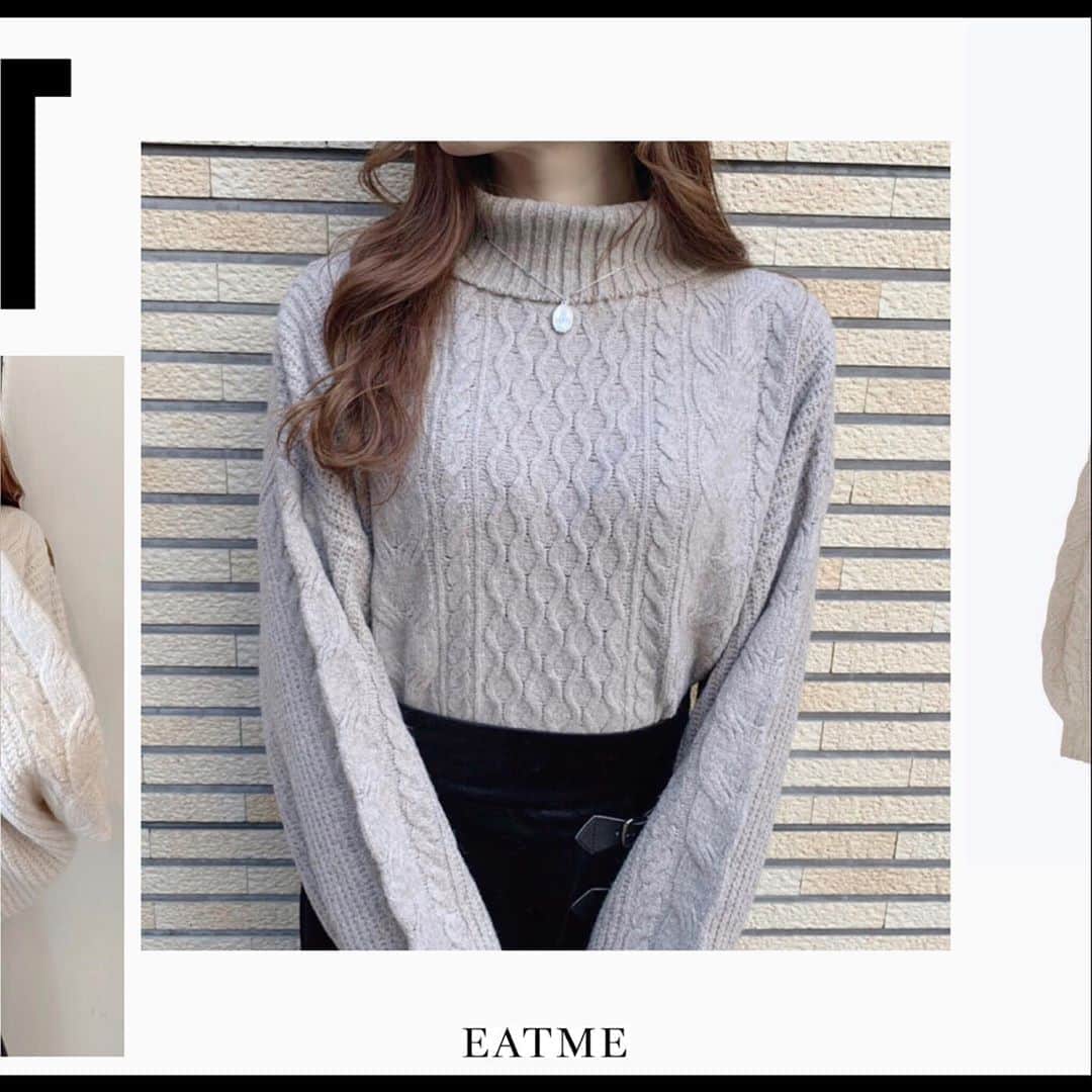 のインスタグラム：「10.20 update... #EATME #OCTOBER #NEW #ITEM . TOP画面のURLからEATME WEB  STOREをCHECK▶︎▶︎▶︎ @eatme_japan . 🌹ケーブル編タートルニットトップ ¥6,000(＋tax) BEG.IVO ☑︎FREE ※10.20発売予定 . #EATME_CODE #eatmejapan #イートミー」